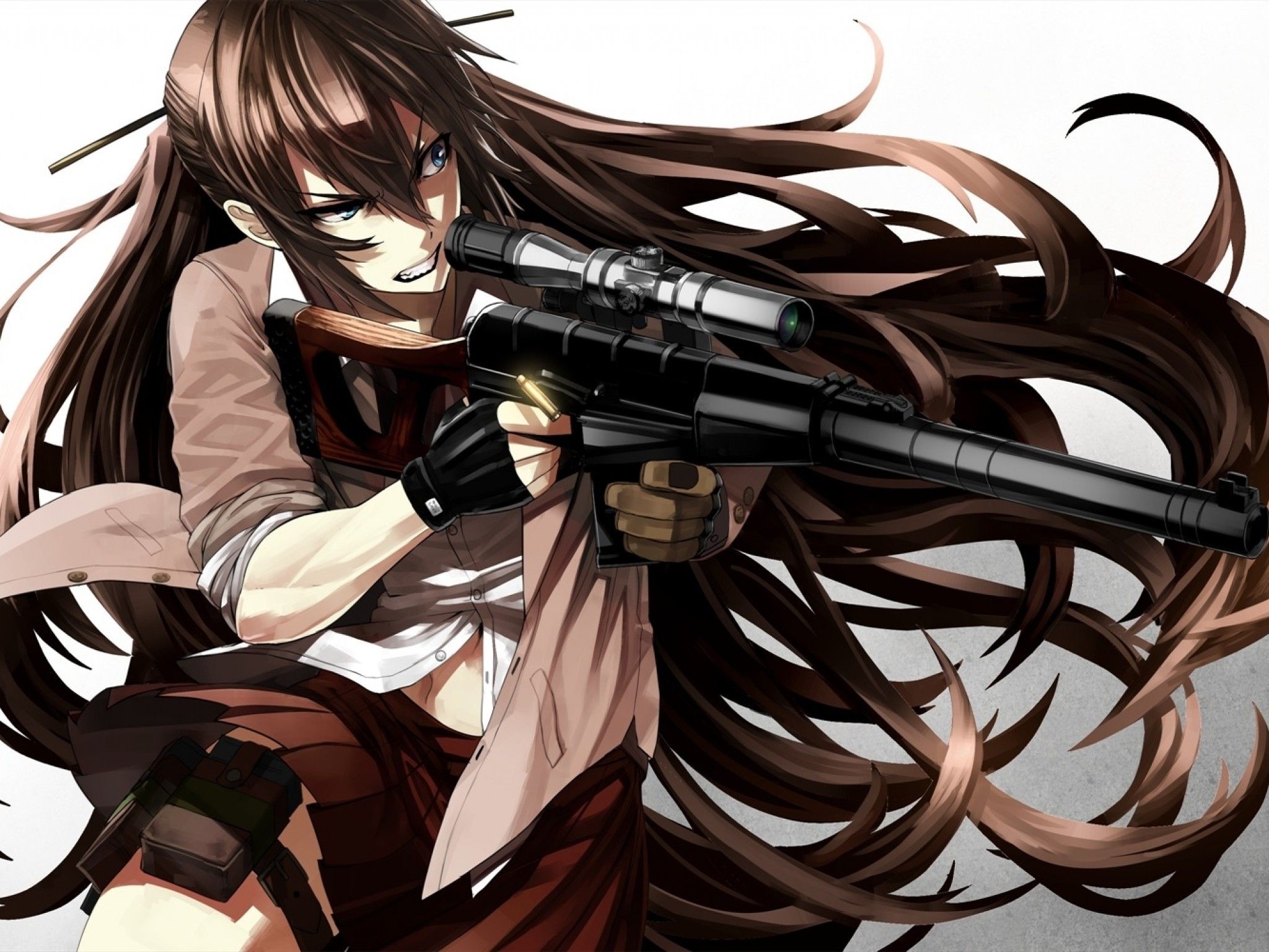 2050x1540 Download  Anime Girl, Sniper, Angry Expression, Long Hair, Desktop