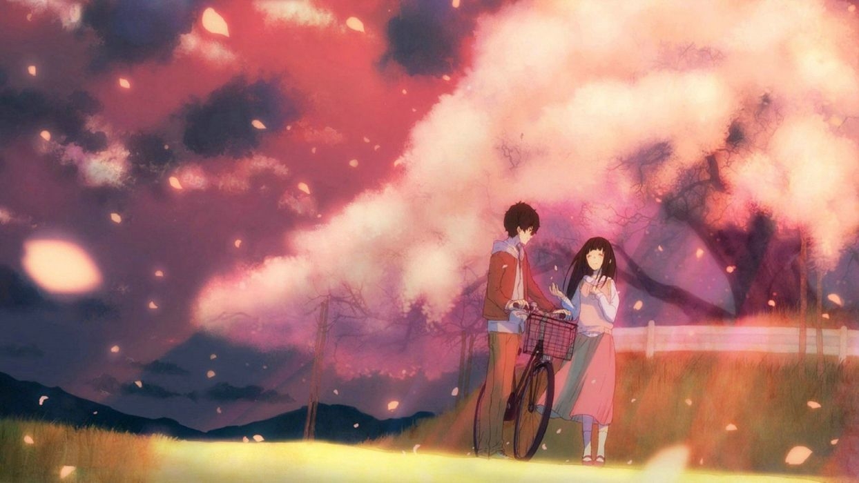 1250x700 Couple anime girl boy bike petals.wallpaperup.com, Desktop