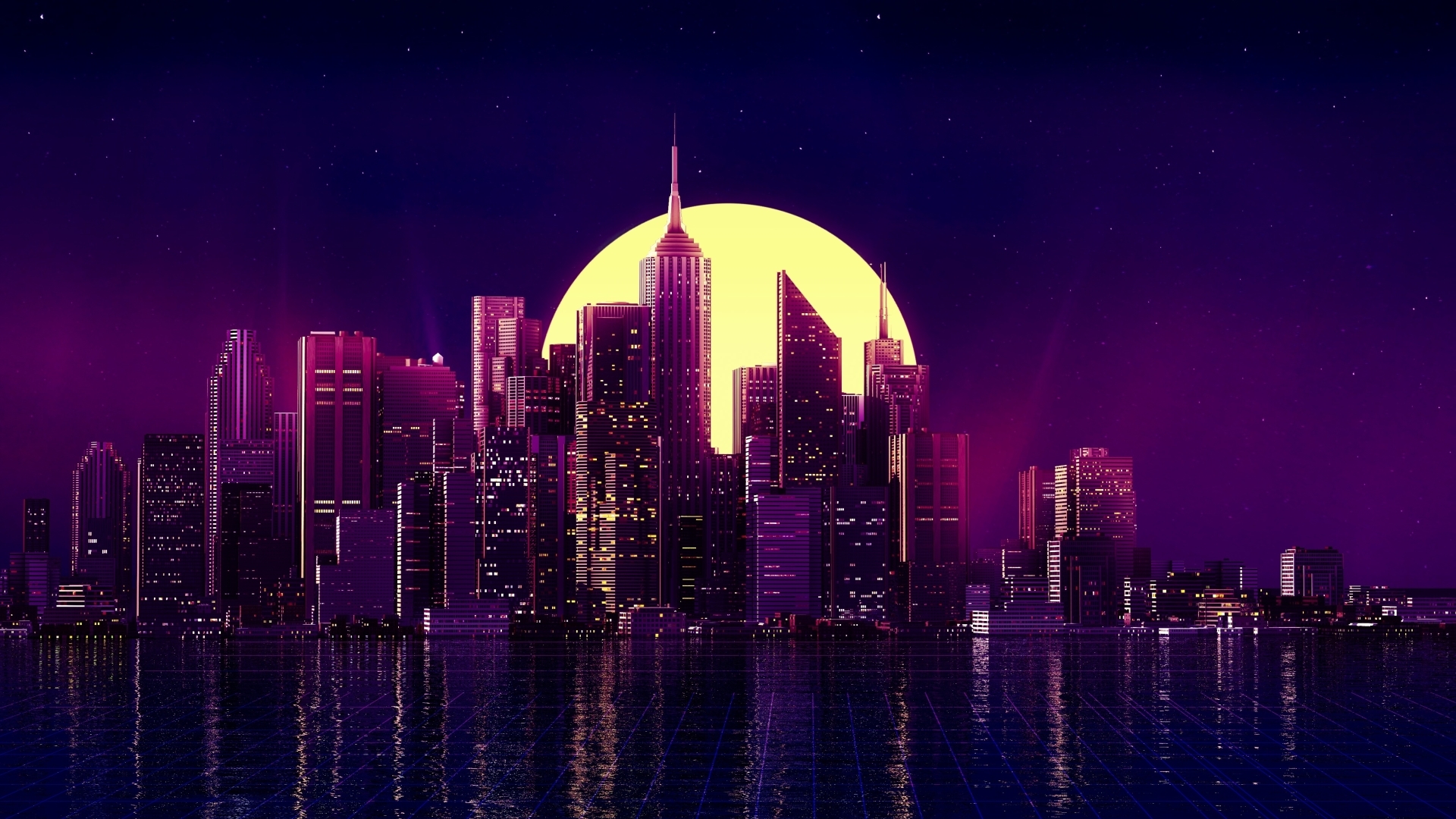 1920x1080 Retro Wave Purple Skyscraper City 1080P Laptop Full HD, Desktop