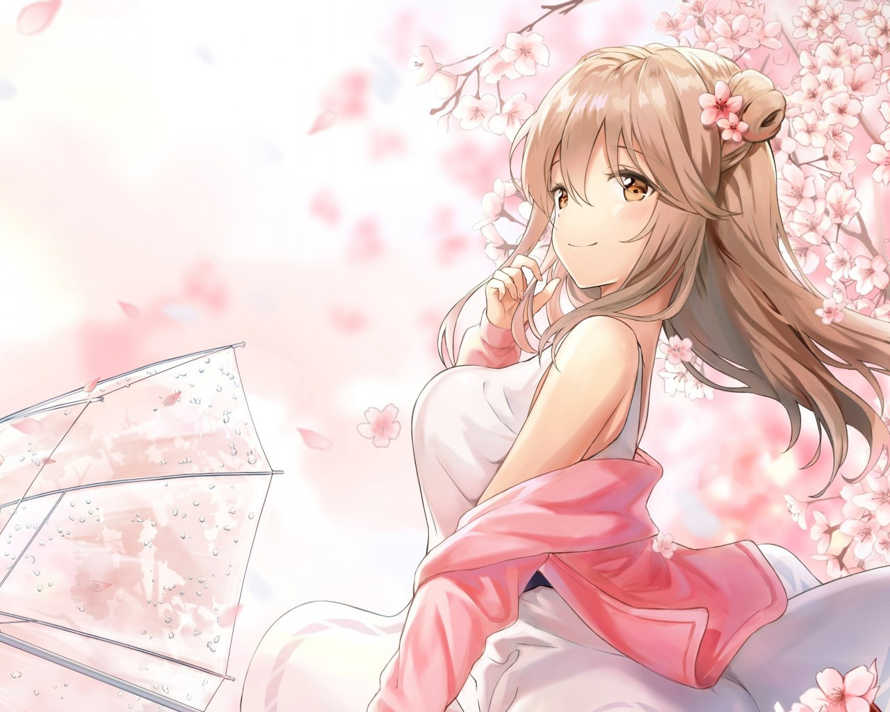 1280x1030 Download  Cute Anime Girl, Profile View, Sakura Blossom, White Dress, Umbrella Wallpaper, Desktop