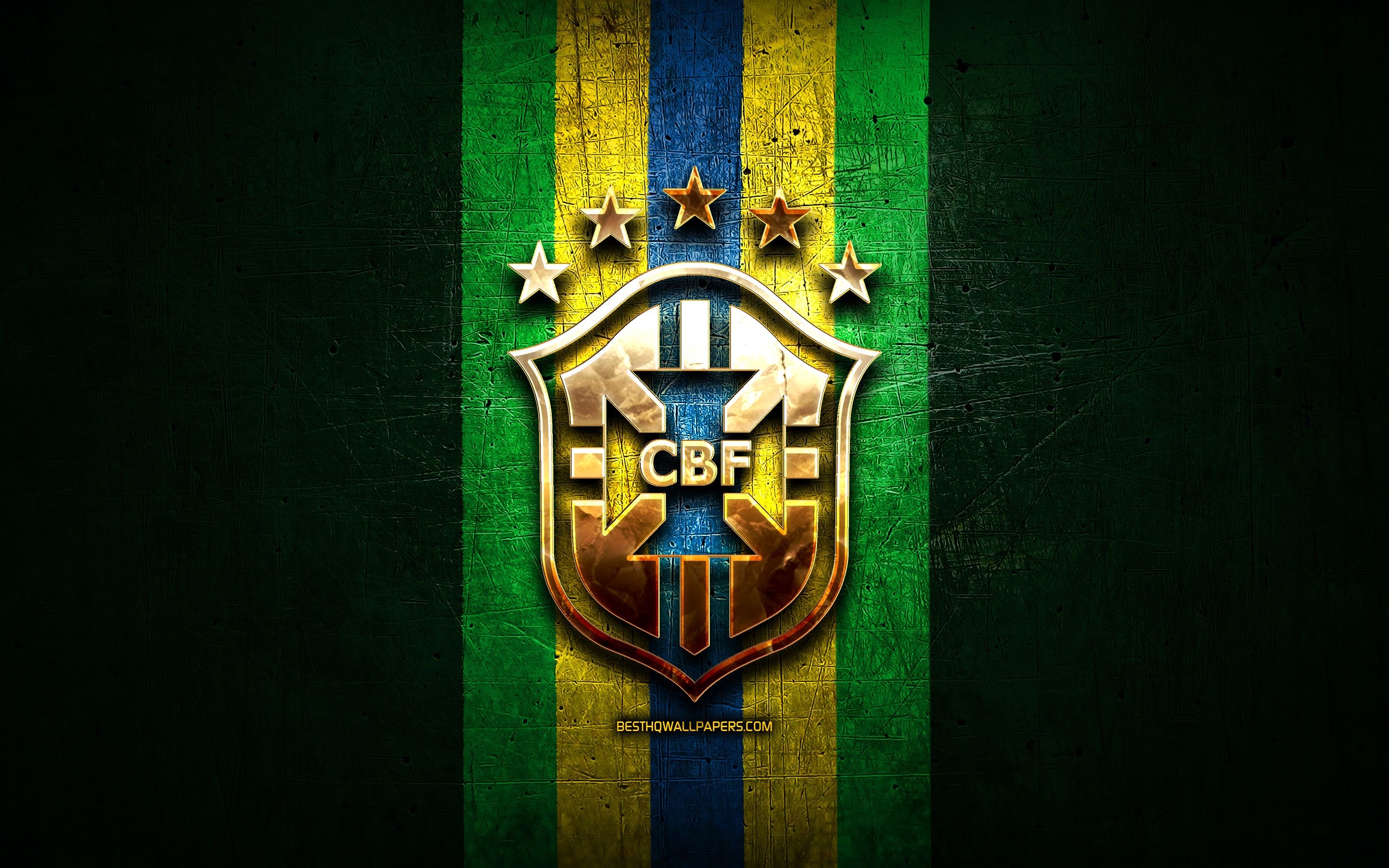 2880x1800 Download wallpaper Brazil National Football Team, golden logo, South America, Conmebol, green metal background, Brazilian football team, soccer, CBF logo, football, Brazil for desktop with resolution. High Quality HD picture wallpaper, Desktop