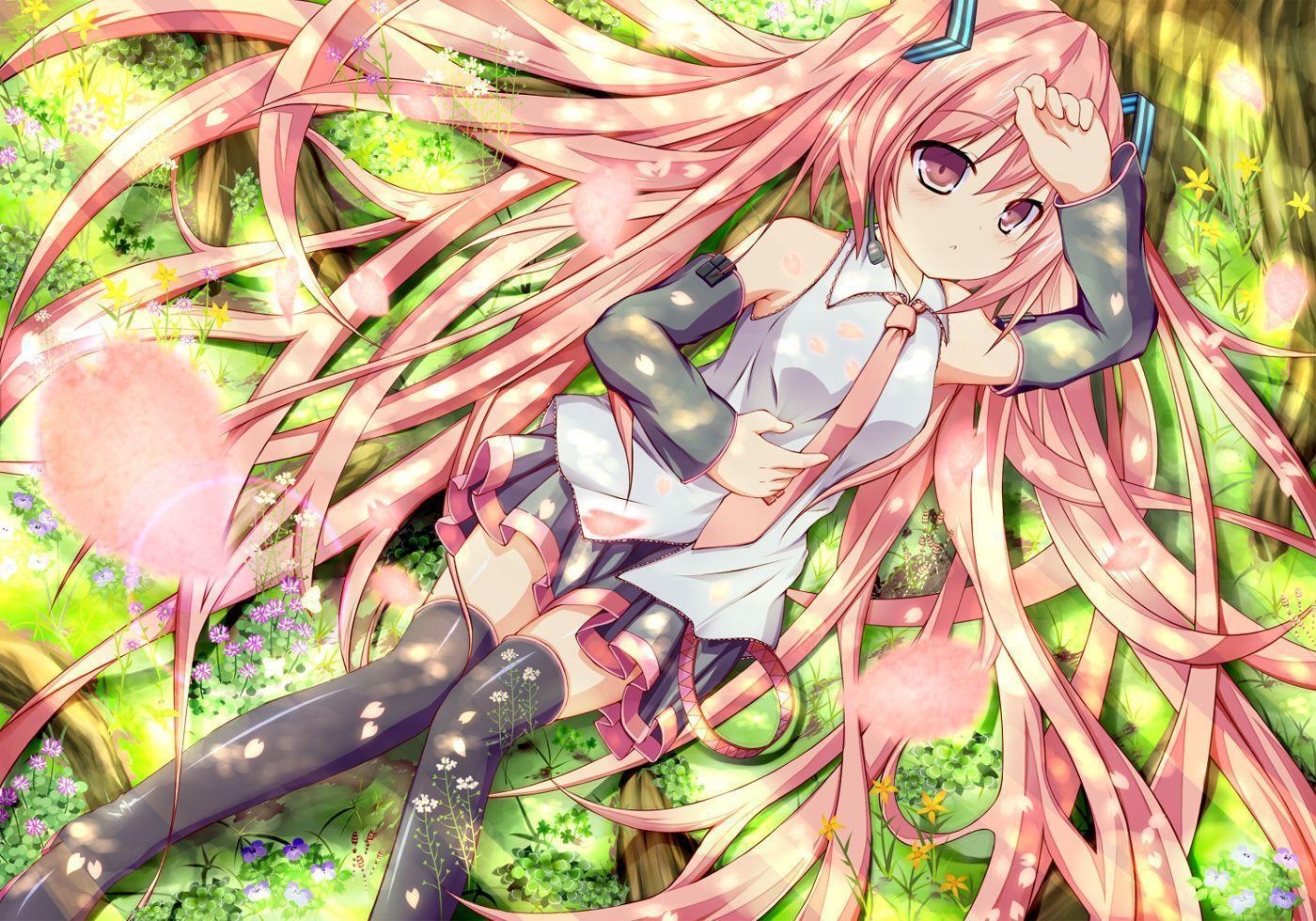 1400x980 flowers hatsune miku long hair petals pink hair sakura miku, Desktop