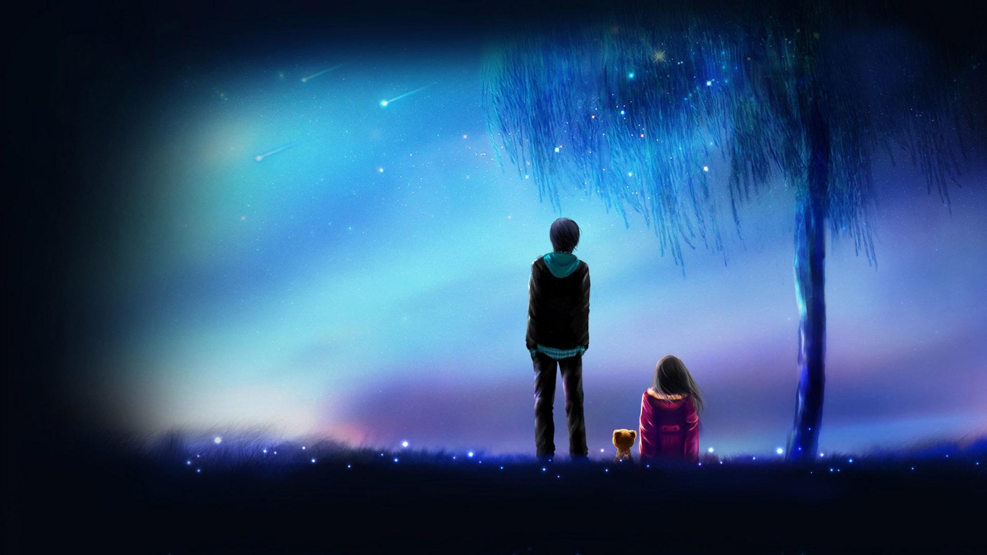 1920x1080 Meteor, anime, anime boy, anime girl, love, night, friends, Desktop