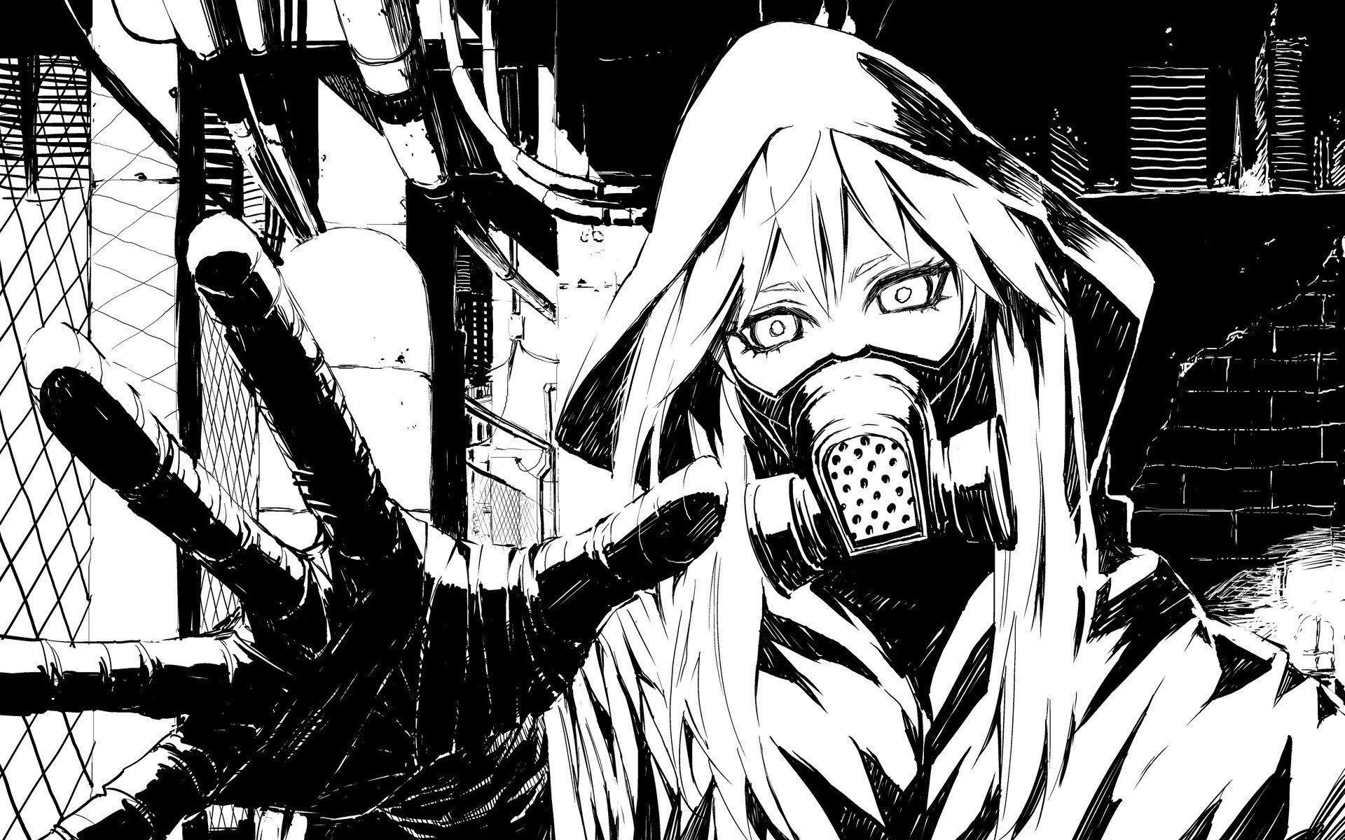 1920x1200 Desktop Black And White Vocaloid Gas Masks Drawings Anime With, Desktop