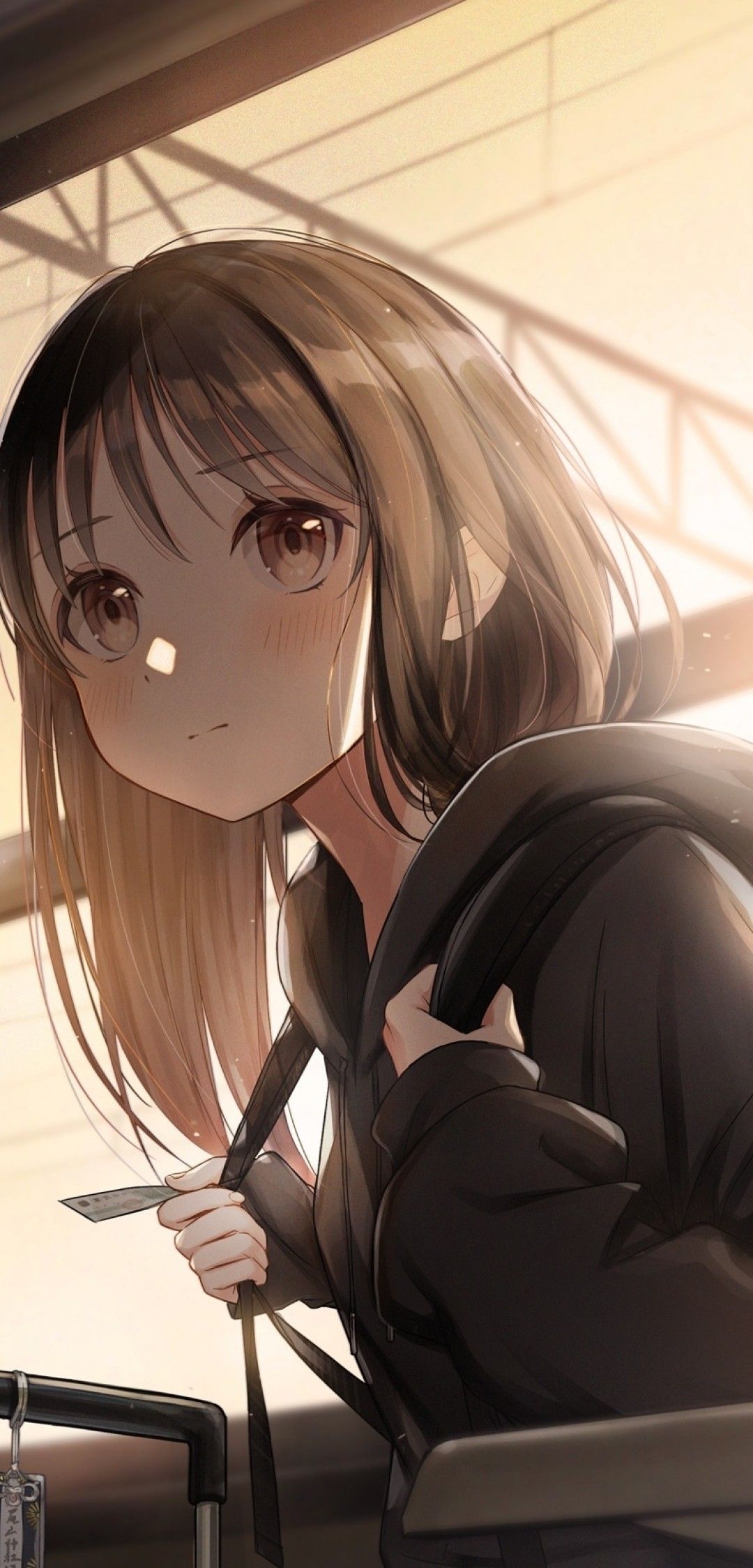 1080x2250 Download  Cute Anime Girl, Hoodie, Short Hair, Train, Brown Hair Wallpaper for Xiaomi Mi 8 Pro, Phone