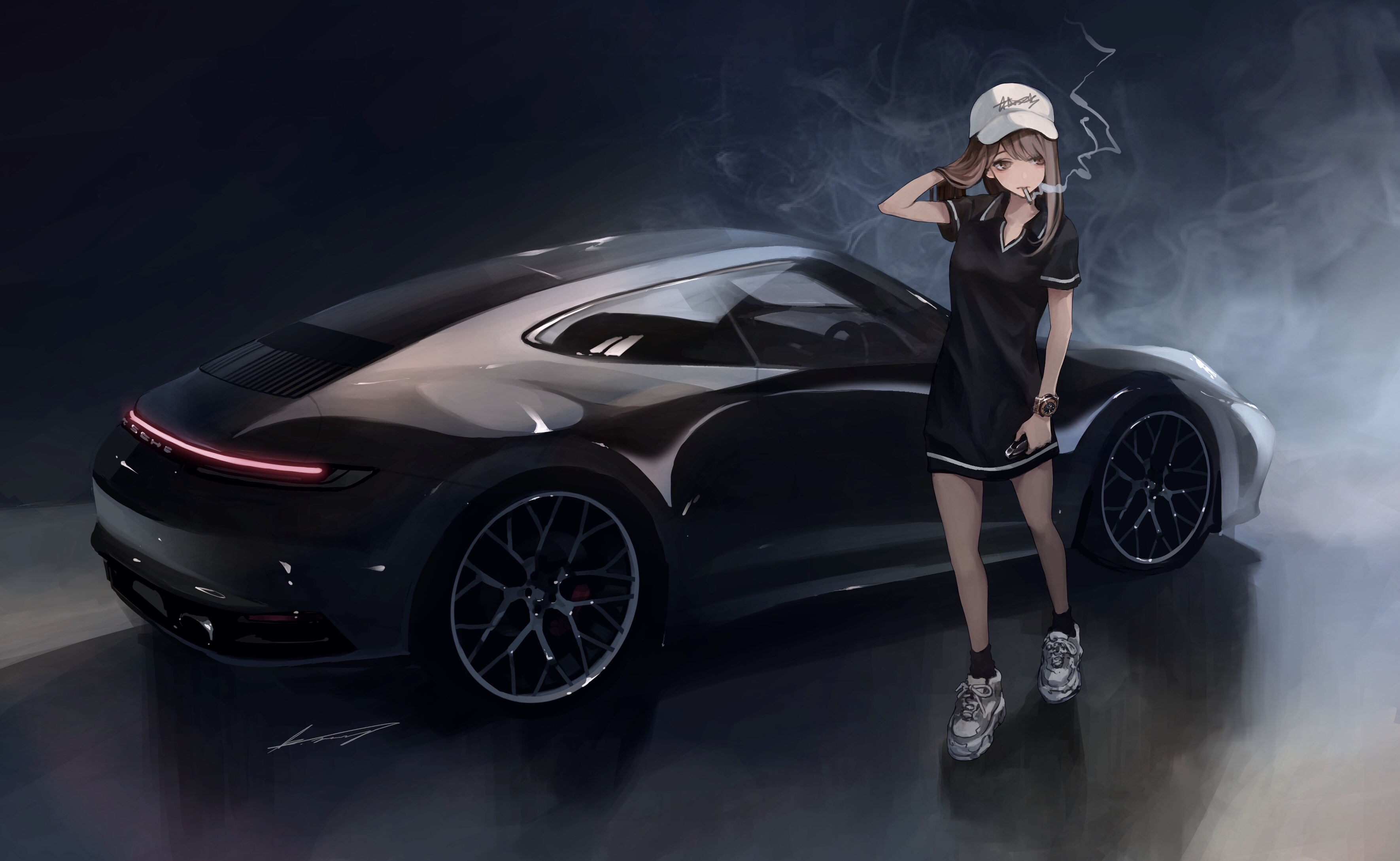 3550x2180 Anime Girl Porsche Smoking 4k, HD Anime, 4k Wallpaper, Image, Background, Photo and Picture, Desktop