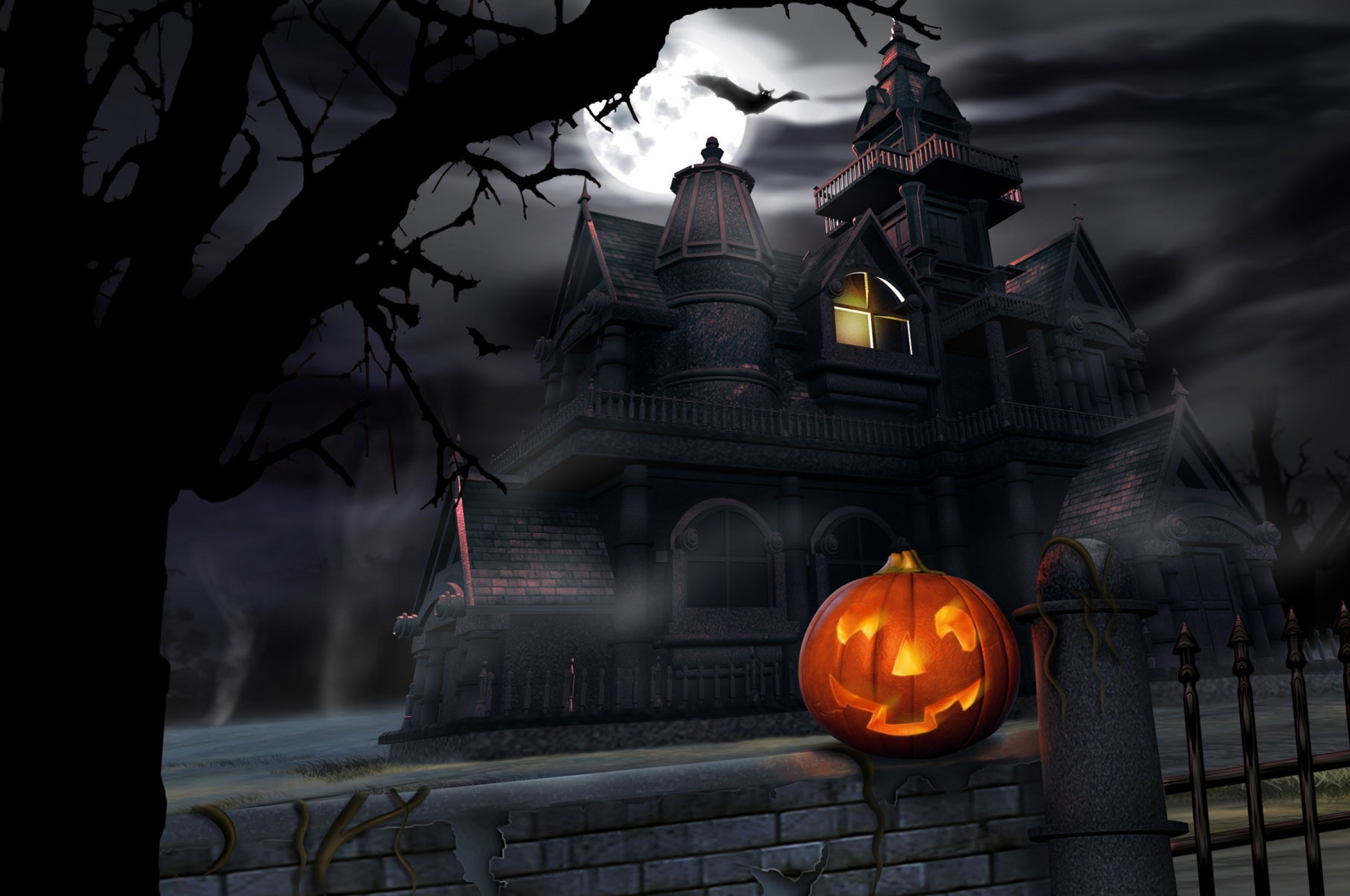 2560x1700 Download  Halloween, Pumpkin, Scary, Moon, Bat Wallpaper for Chromebook Pixel, Desktop