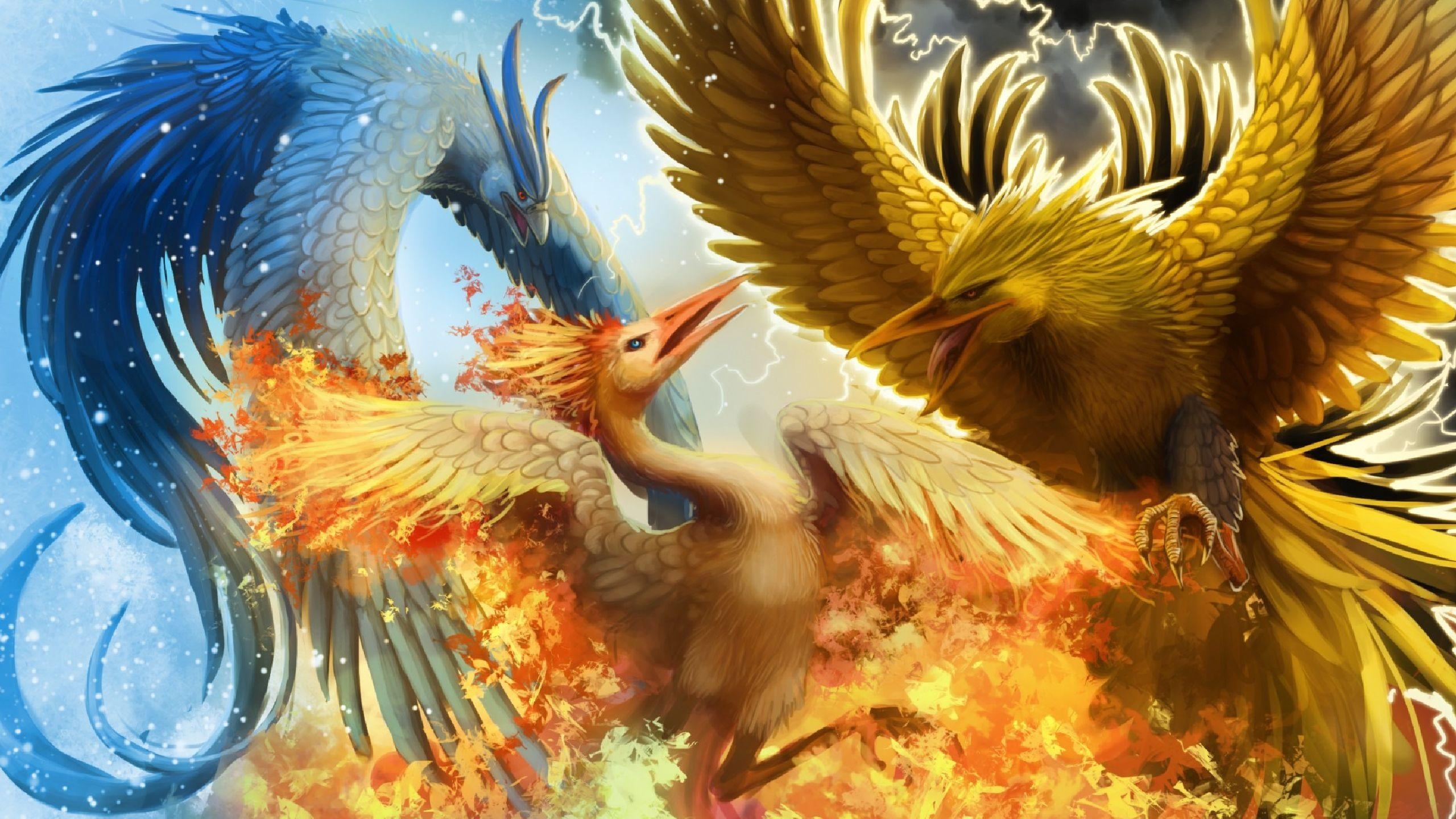 2560x1440 Legendary birds Articuno, Zapdos, and Moltres Full HD Wallpaper, Desktop