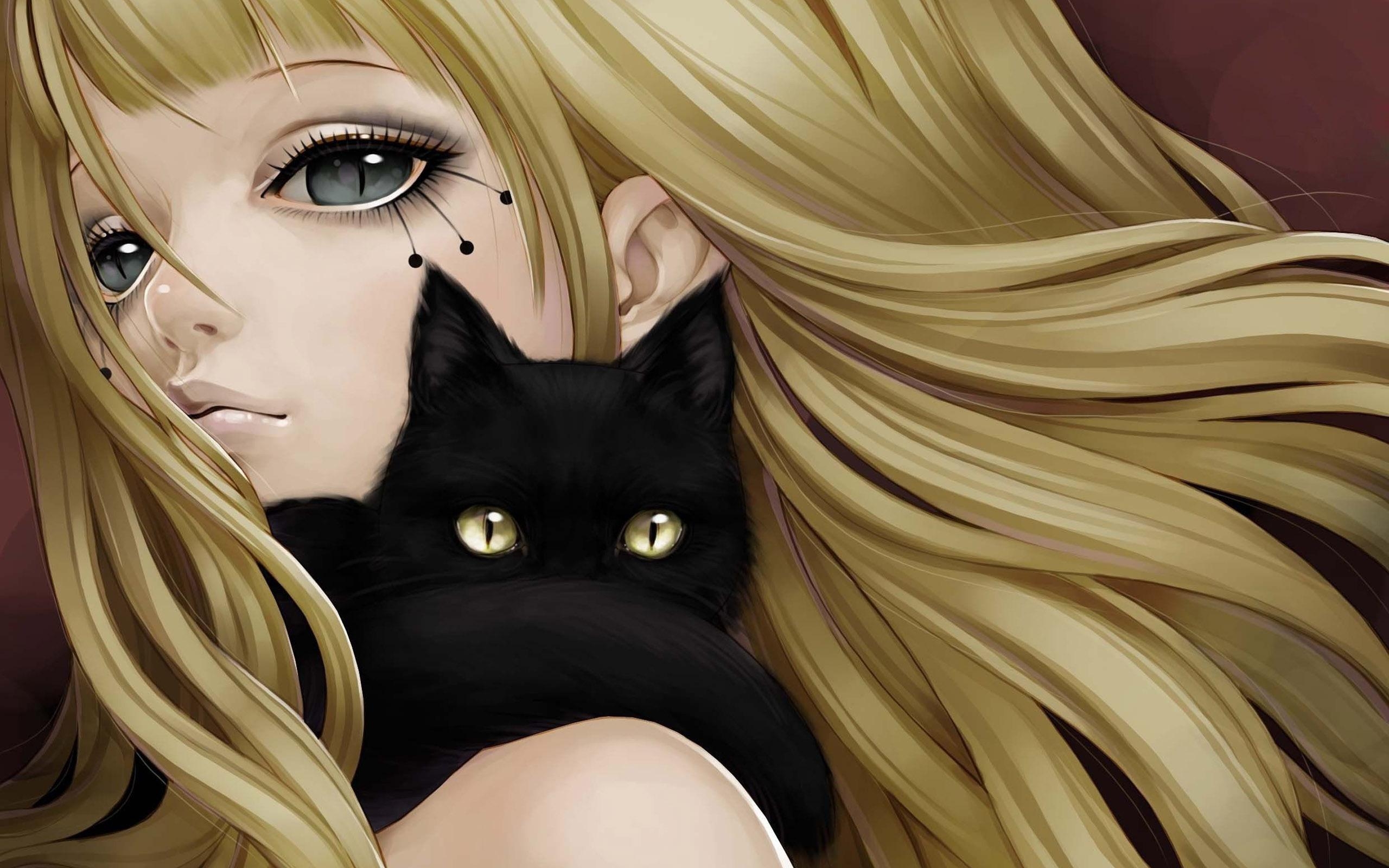2560x1600 Blonde Girl And Its Black Cat Cat Anime Girl, Desktop