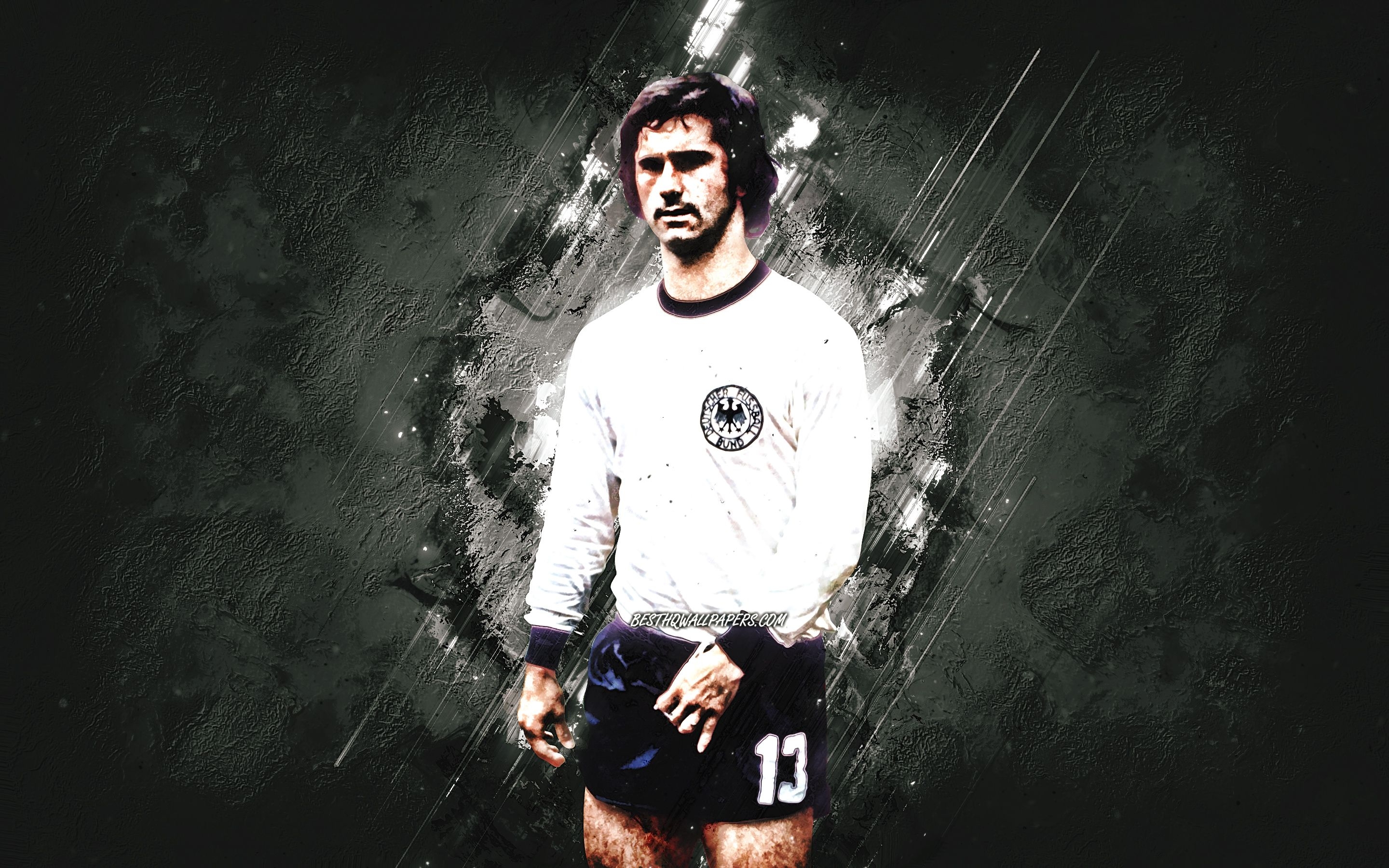 2880x1800 Download wallpaper Gerd Muller, Germany national football team, german footballer, portrait, football legends, gray stone background, football for desktop with resolution. High Quality HD picture wallpaper, Desktop