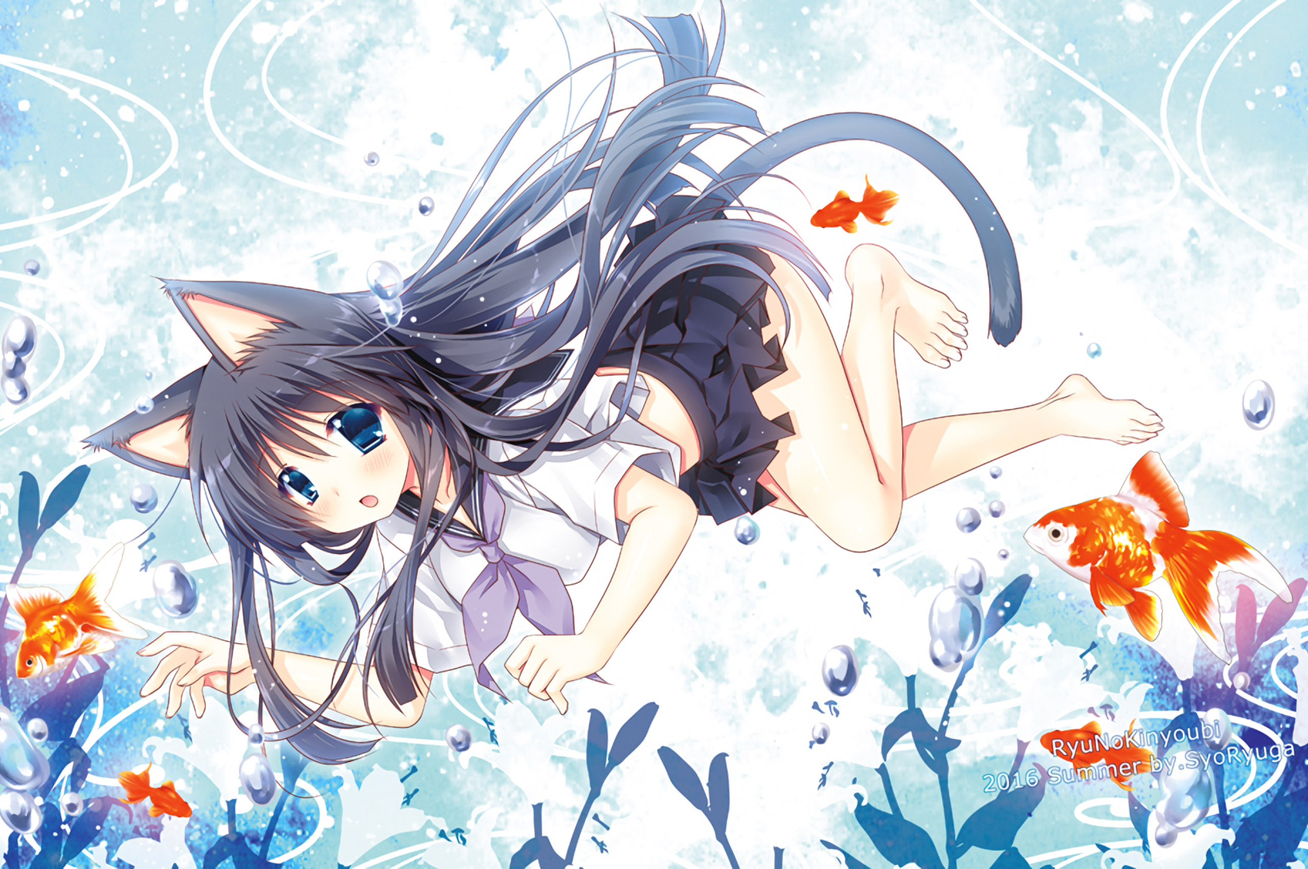 2560x1700 Download  Anime Girl, Underwater, Animal Ears, Fish Wallpaper for Chromebook Pixel, Desktop