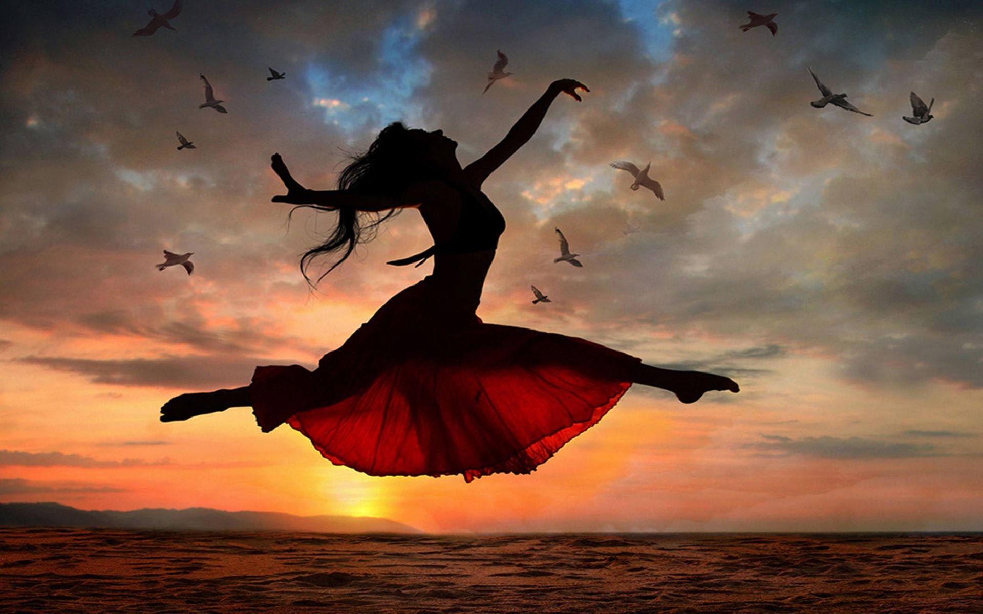 1920x1200 Sea Gulls Sunset Dancing Of The Girl HD Wallpaper, Wallpaper13.com, Desktop