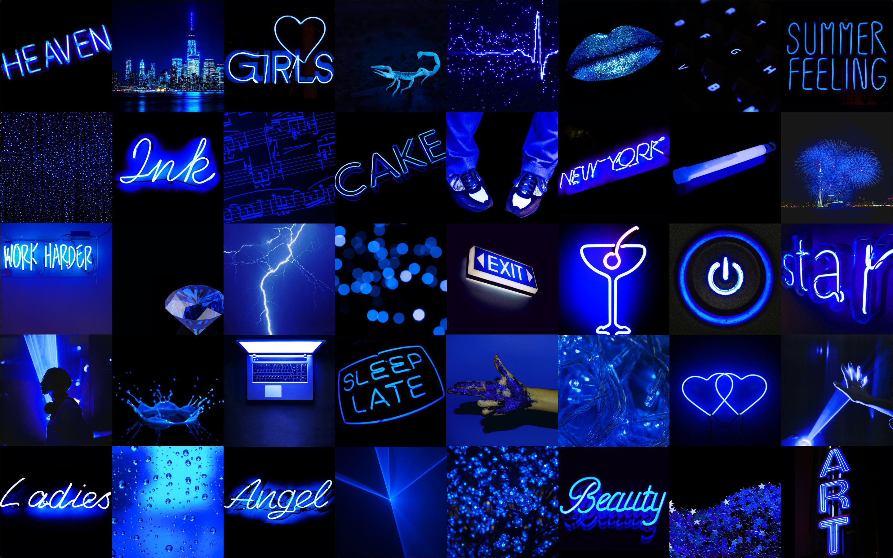 2880x1800 Dark Blue Neon Wall Collage Kit. Etsy. Blue wallpaper iphone, Wall collage, Blue aesthetic dark, Desktop