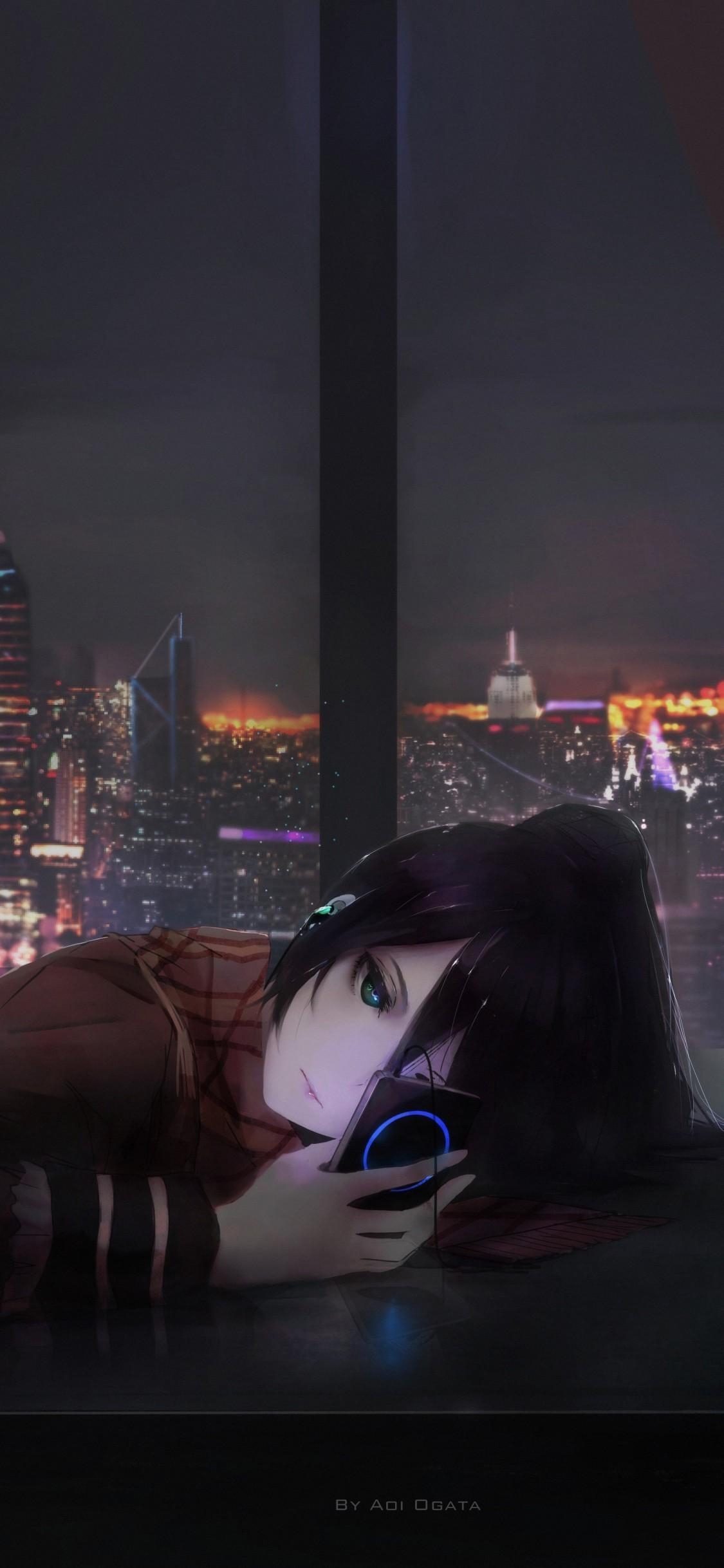 1130x2440 Download  Anime Girl, Depressed, Cityscape, Music, Scarf, Phone