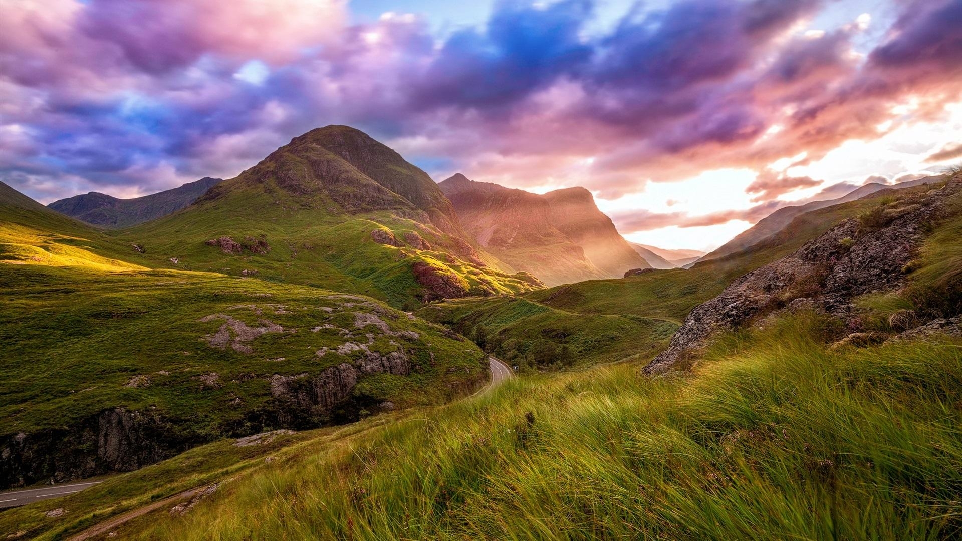 1920x1080 Wallpaper Scotland, Highland Valley, mountain, road, clouds, Desktop