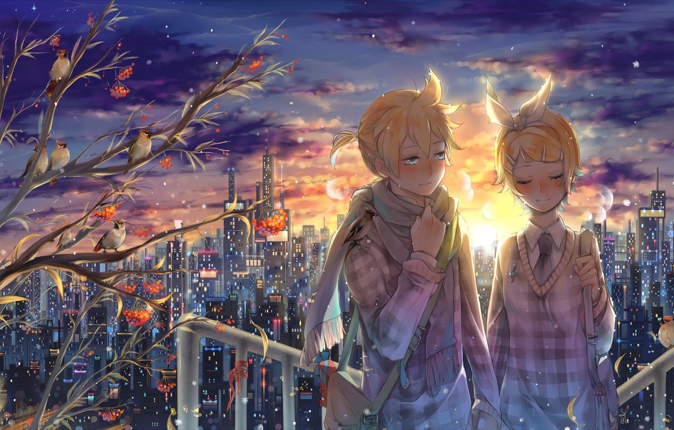 1340x850 Wallpaper winter, sunset, snowflakes, the city, mood, anime, boy, Desktop