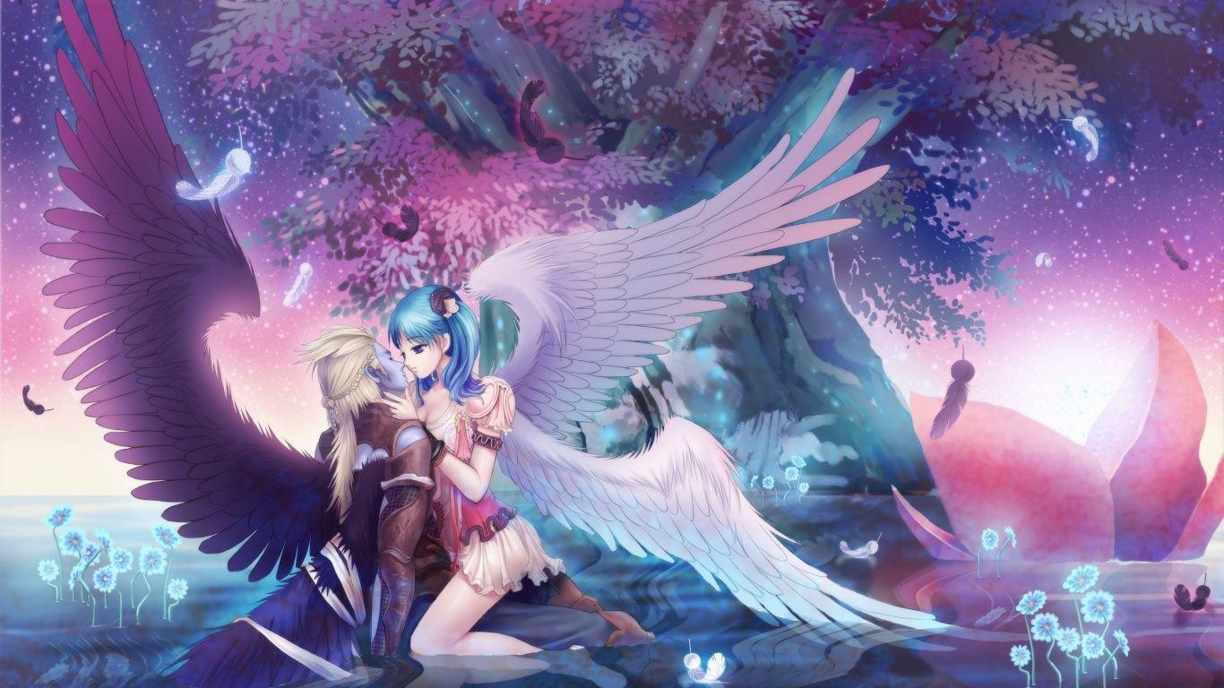 1370x770 Romance Anime Love couple kissing image HD, Desktop