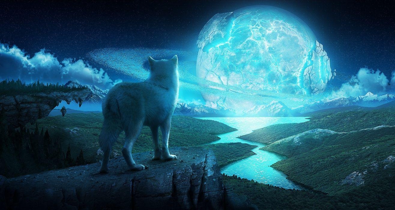 1320x700 Art Wolf Night Planet Fantasy fantasy landscape wolves wallpaper, Desktop