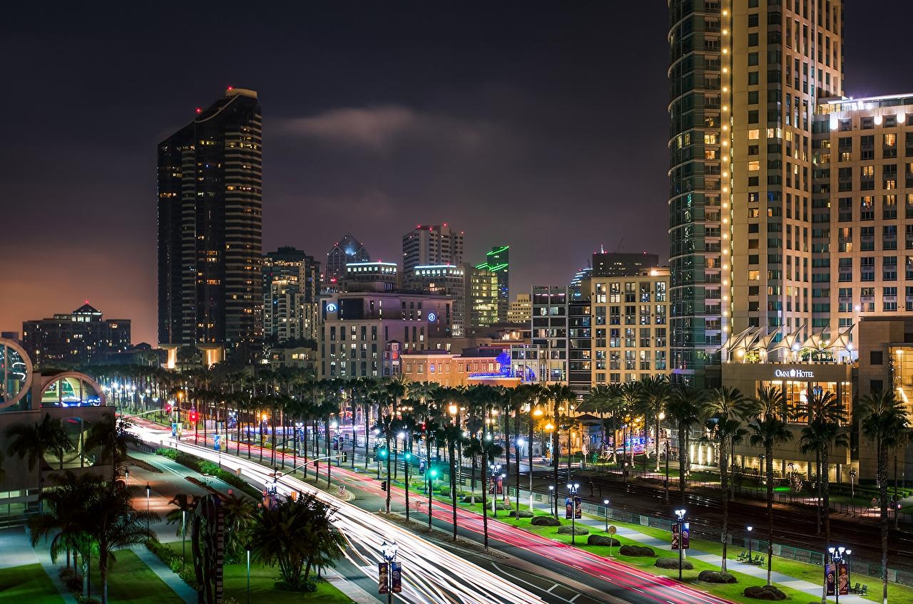 1280x850 Photo San Diego USA Street palm trees night time Skyscrapers Street, Desktop