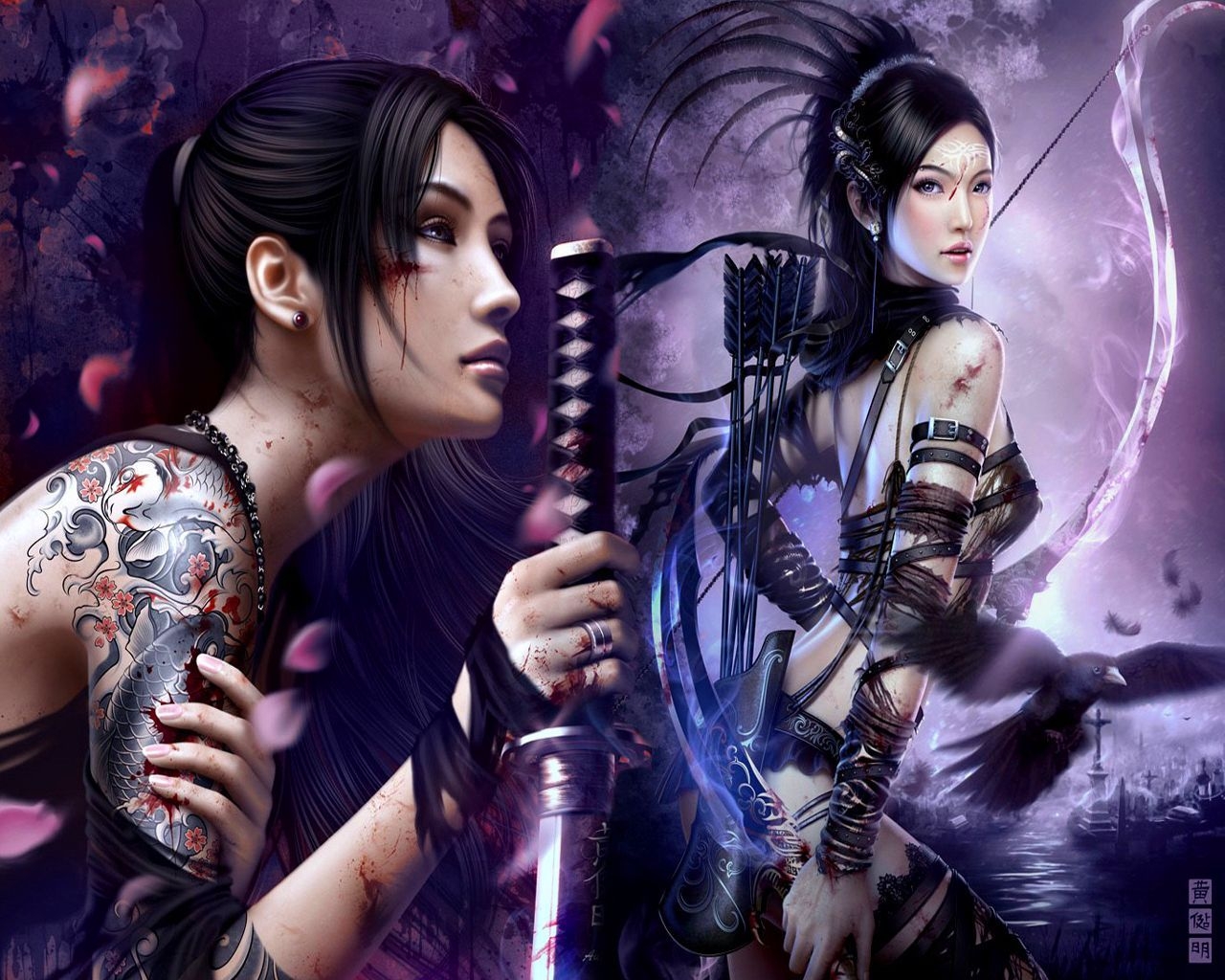 1280x1030 Anime Chinese Warrior. Anime Tattoo Girl Blossom China Crow Female Other Sword Warrior Women. Warrior woman, Fantasy art women, Fantasy warrior, Desktop