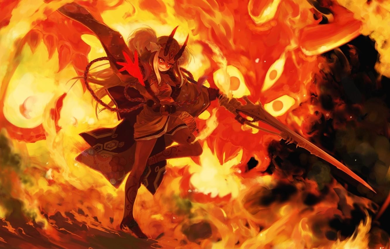 1340x850 Wallpaper girl, weapons, fire, anime, art, fate grand order image, Desktop