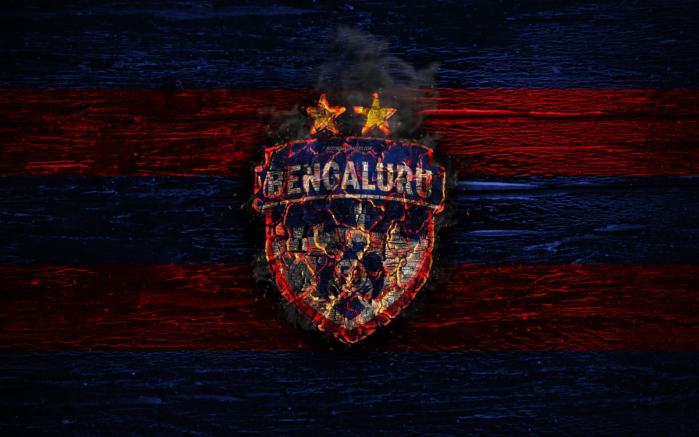 2880x1800 Download wallpaper Bengaluru FC, fire logo, Indian Super League, blue and red lines, ISL, Indian football club, grunge, football, soccer, logo, Bengaluru, wooden texture, India for desktop with resolution. High Quality, Desktop