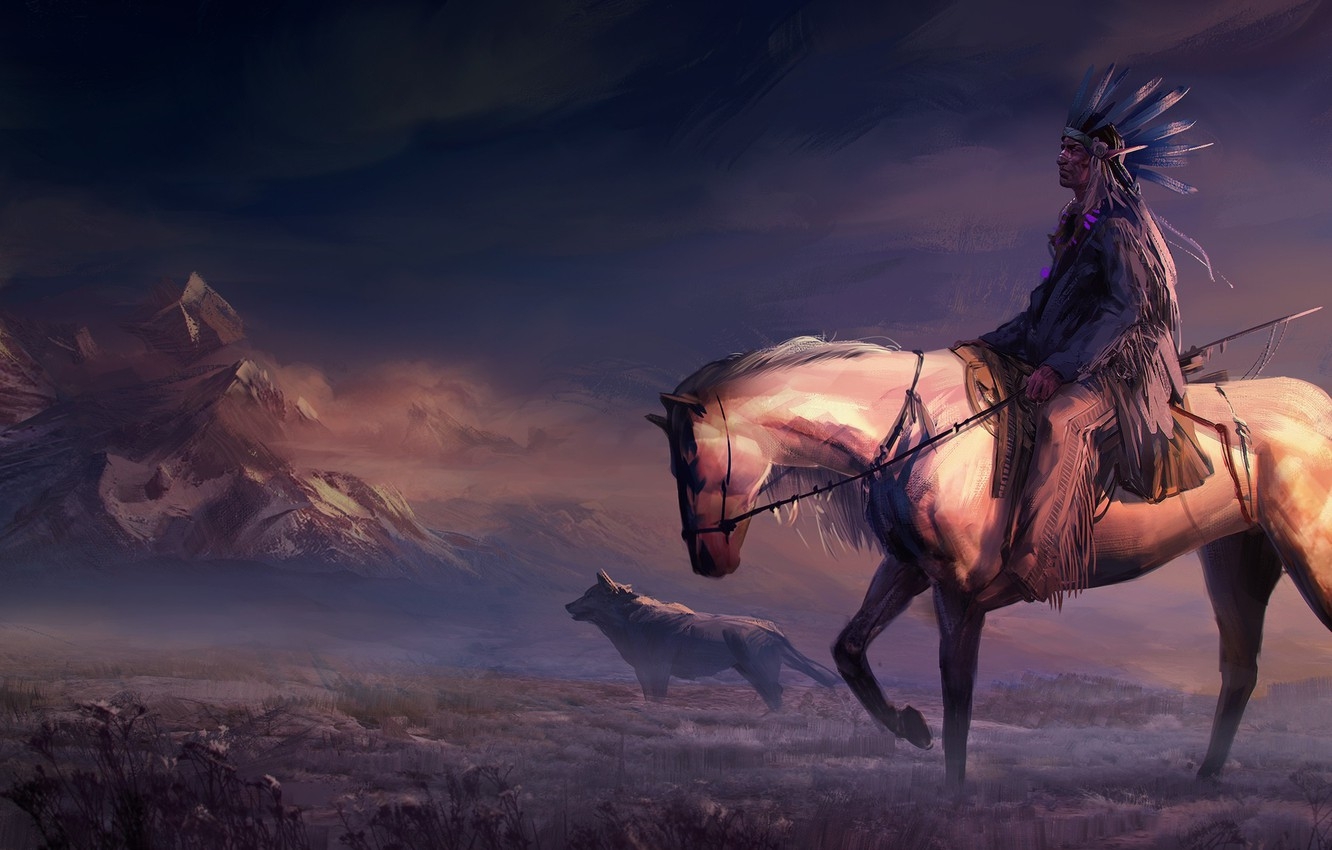 1340x850 Wallpaper field, animals, art, mountains, rider, horse, digital art, artwork, painting art, woles, Native American image for desktop, section арт, Desktop