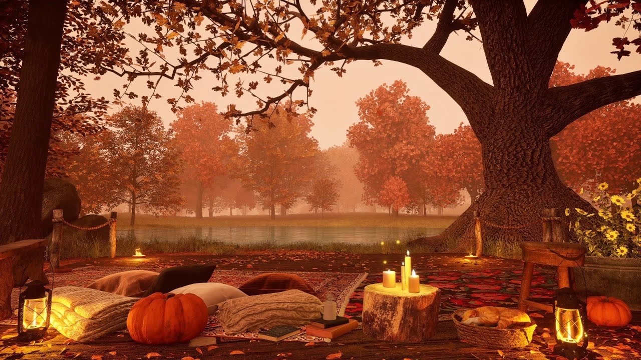 1280x720 Cozy Autumn Ambience under the Autumn Trees In the Forest River Sound with Birdsong, Desktop