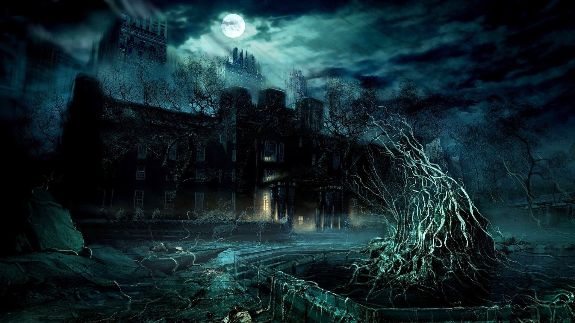 1920x1080 Dark mansion under the full moon digital art HD wallpaper x, Desktop