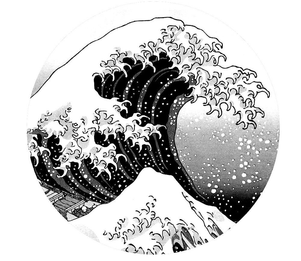 1000x870 The Great Wave Off Kanagawa Logo Black & White by Robin- Black and white stickers, Great wave, Wave drawing, Desktop