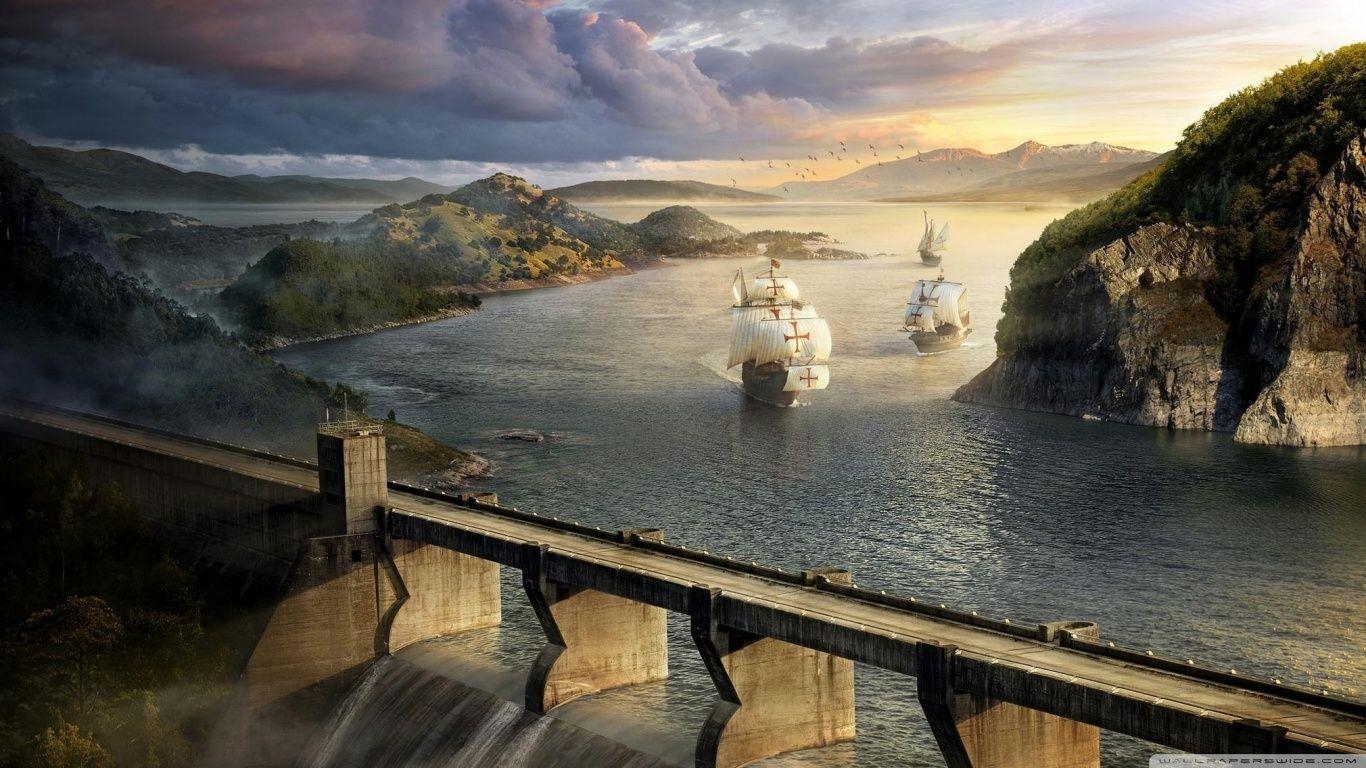 1370x770 Modern Dam And Old Ships HD desktop wallpaper, Widescreen, High, Desktop