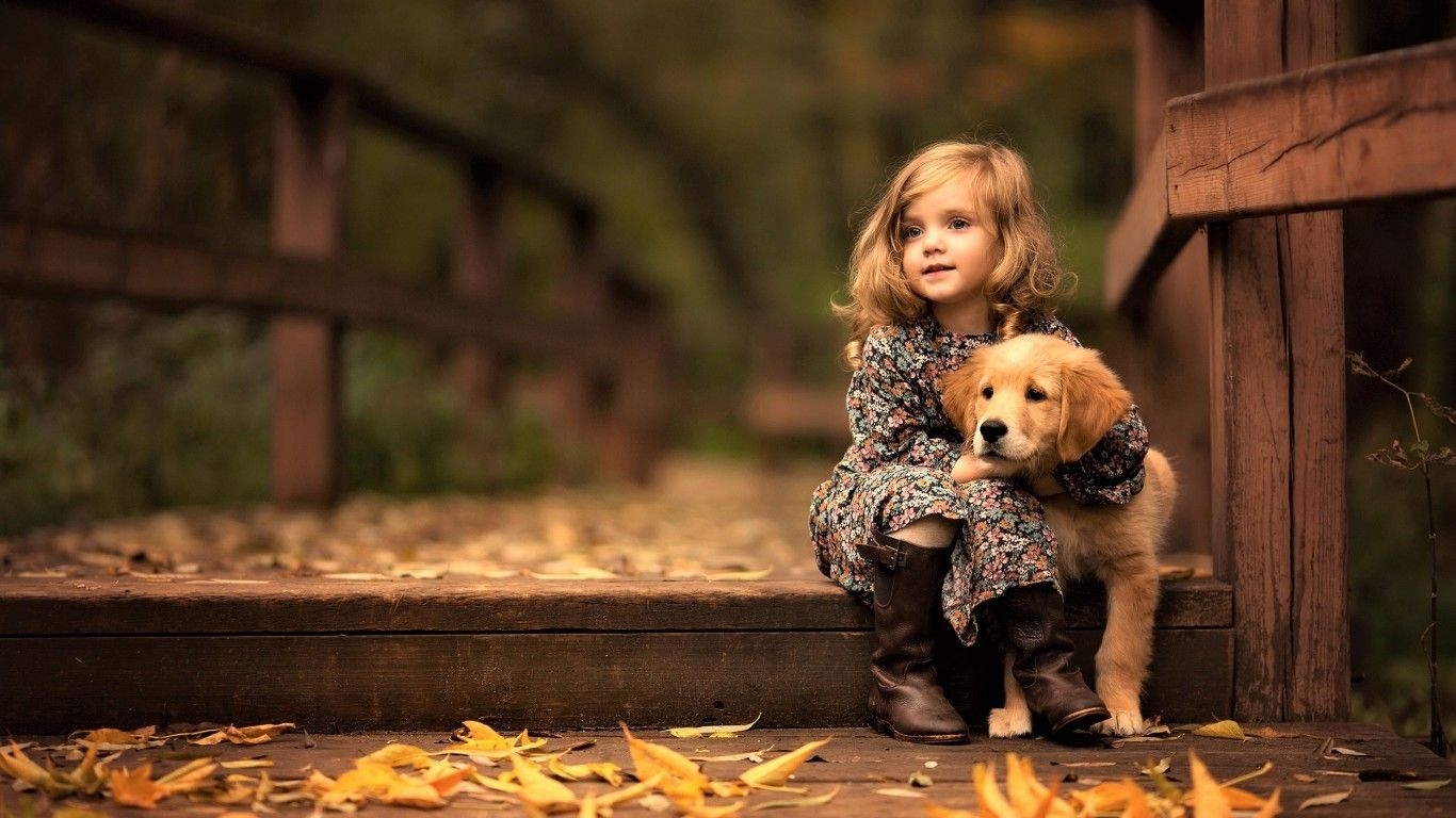 1370x770 Golden Retriever with Cute Girl Free HD Wallpaper, Desktop