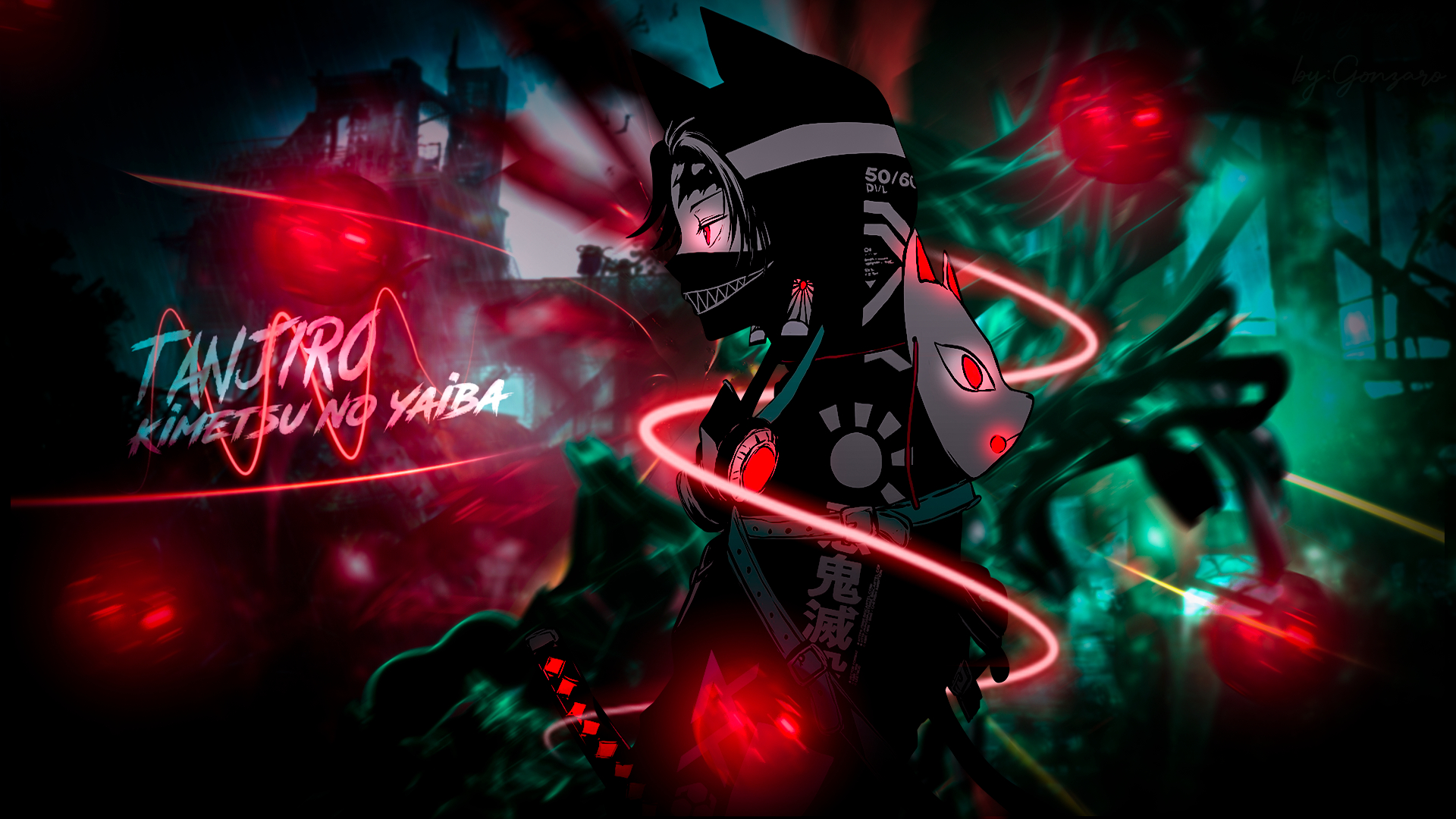 1920x1080 Wallpaper, Kamado Tanjir, Tanjiro Kamado, red eyes, katana, black coat, abstract, graphic design, anime design, anime boys, turquoise background, Desktop