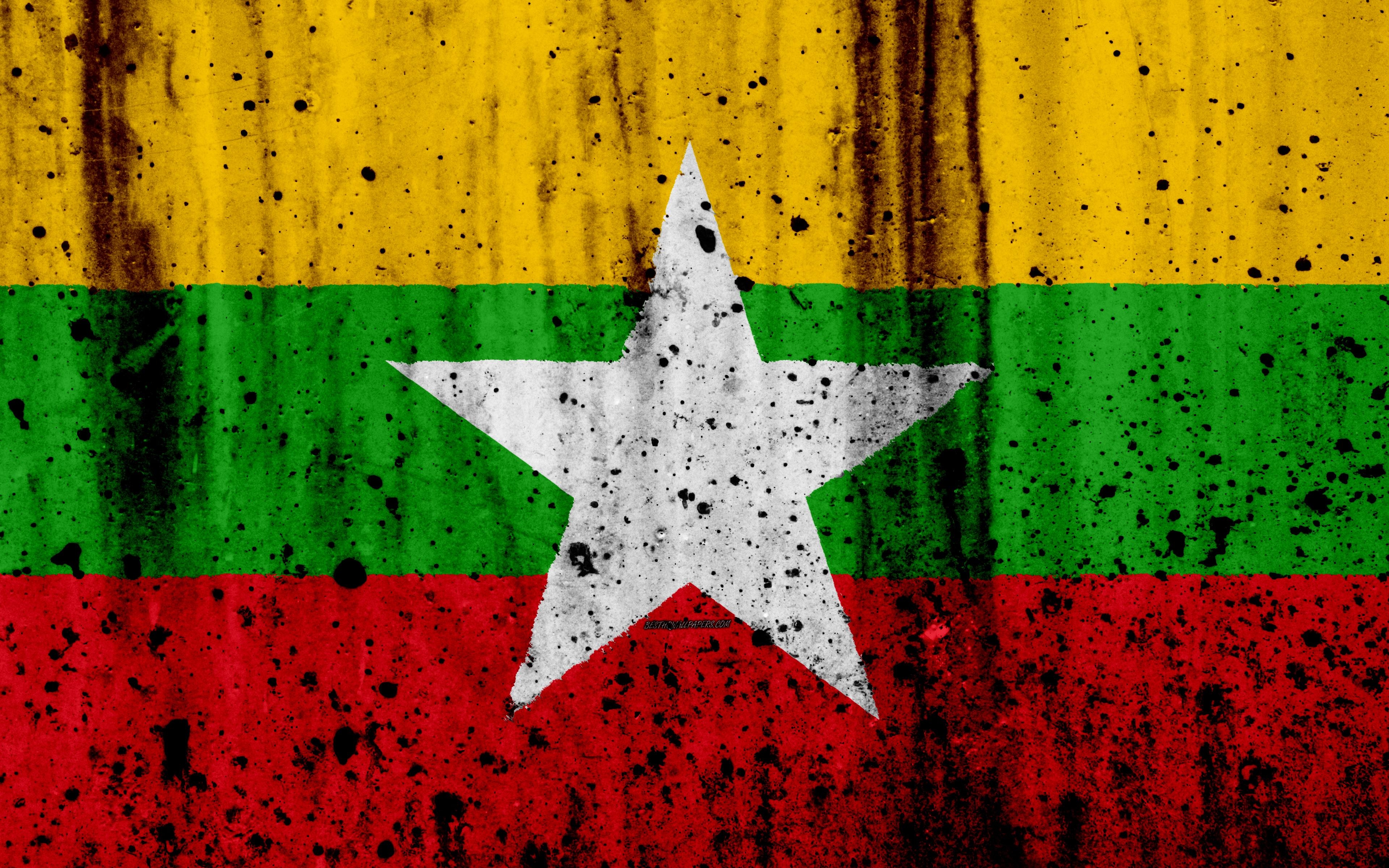 3840x2400 Download wallpaper Myanmar flag, 4k, grunge, flag of Myanmar, Asia, Desktop