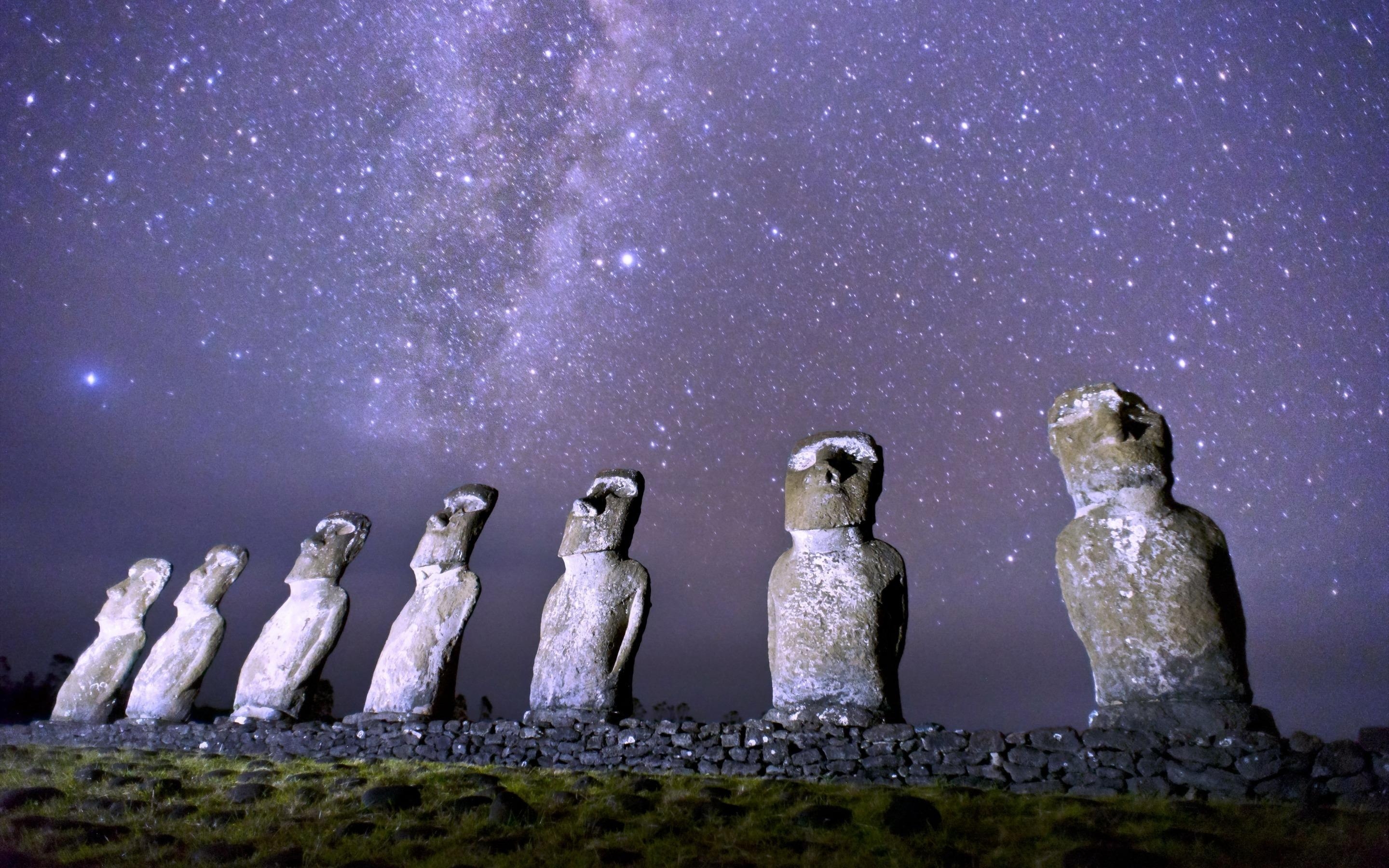 2880x1800 Wallpaper Magellanic clouds, Easter Island, Rapa Nui, Moai statues, Desktop