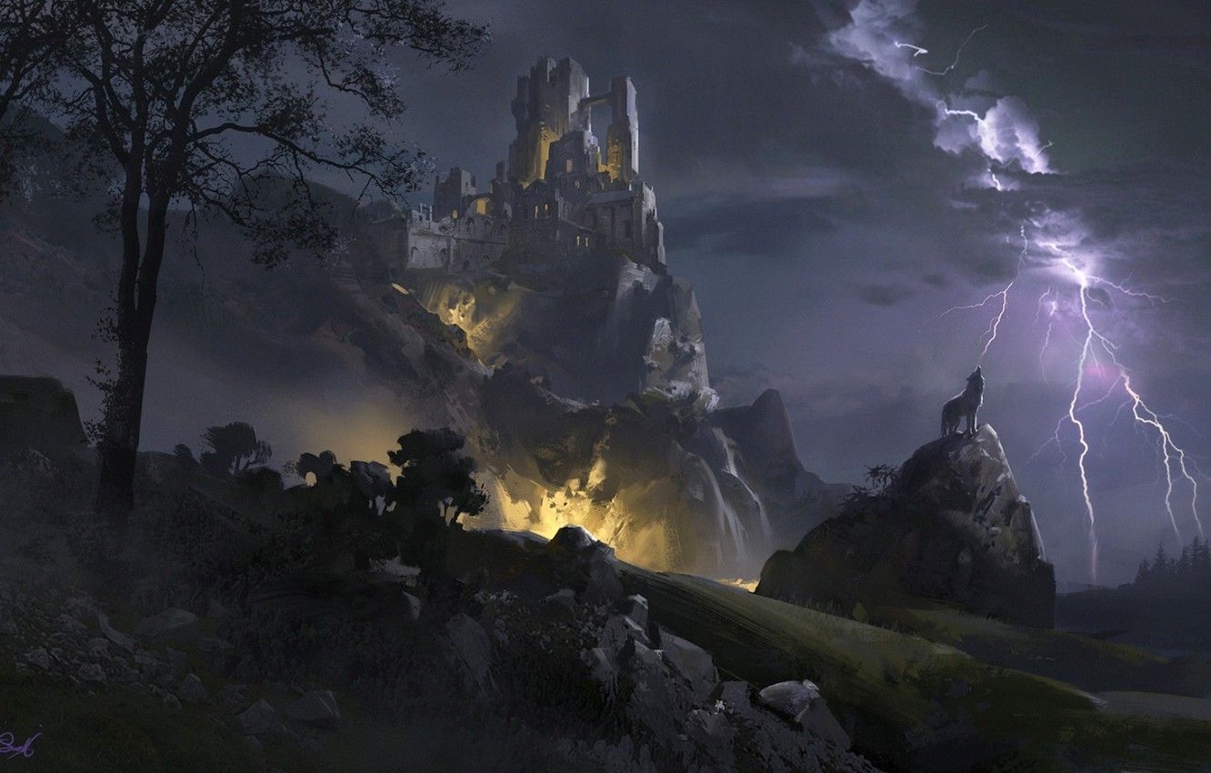 1340x850 Wallpaper mountains, night, clouds, stones, castle, tree, Desktop