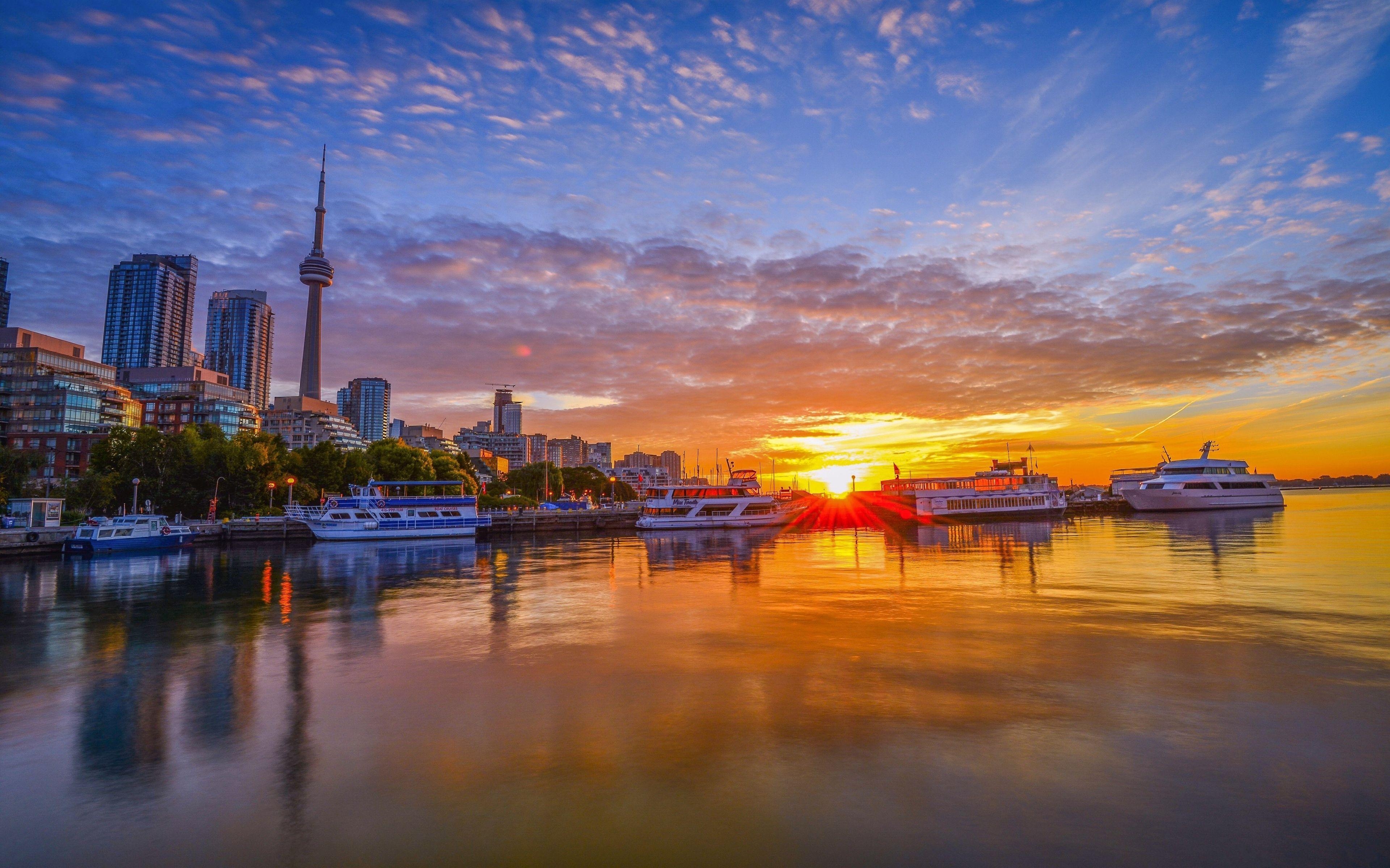 3840x2400 4k, Toronto, CN Tower, sunset, pier, modern buildings, Desktop