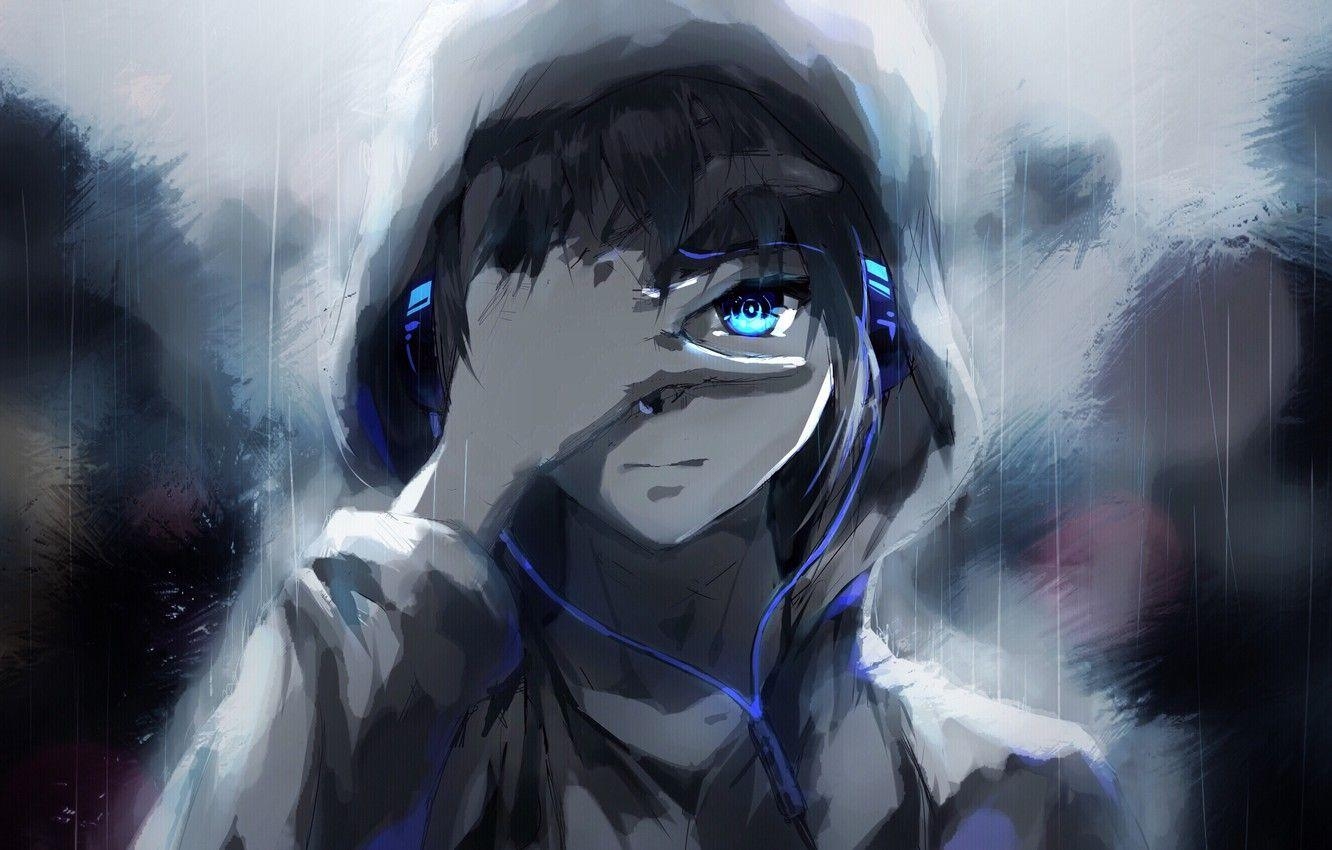 1340x850 Wallpaper people, rain, anime, headphones, tears, art, guy, raku, Desktop