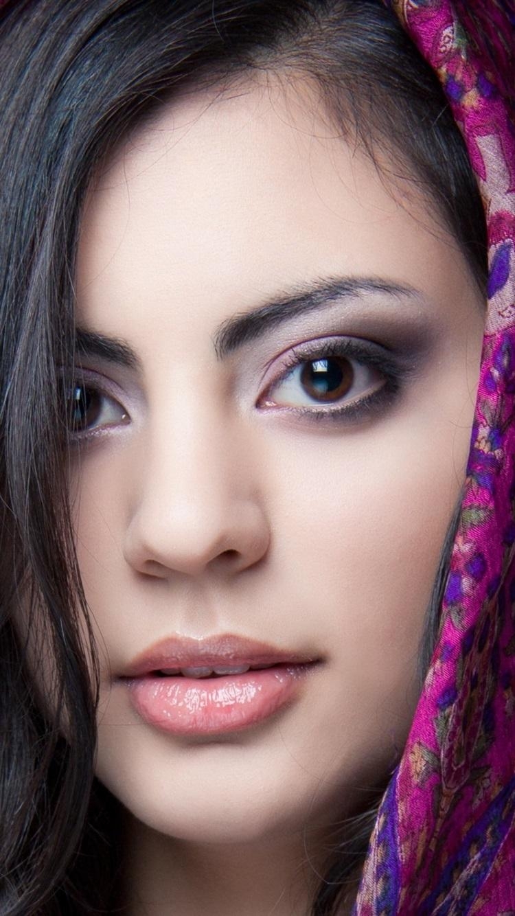 750x1340 Beautiful Indian girl, brown eyes, face, scarf, Phone