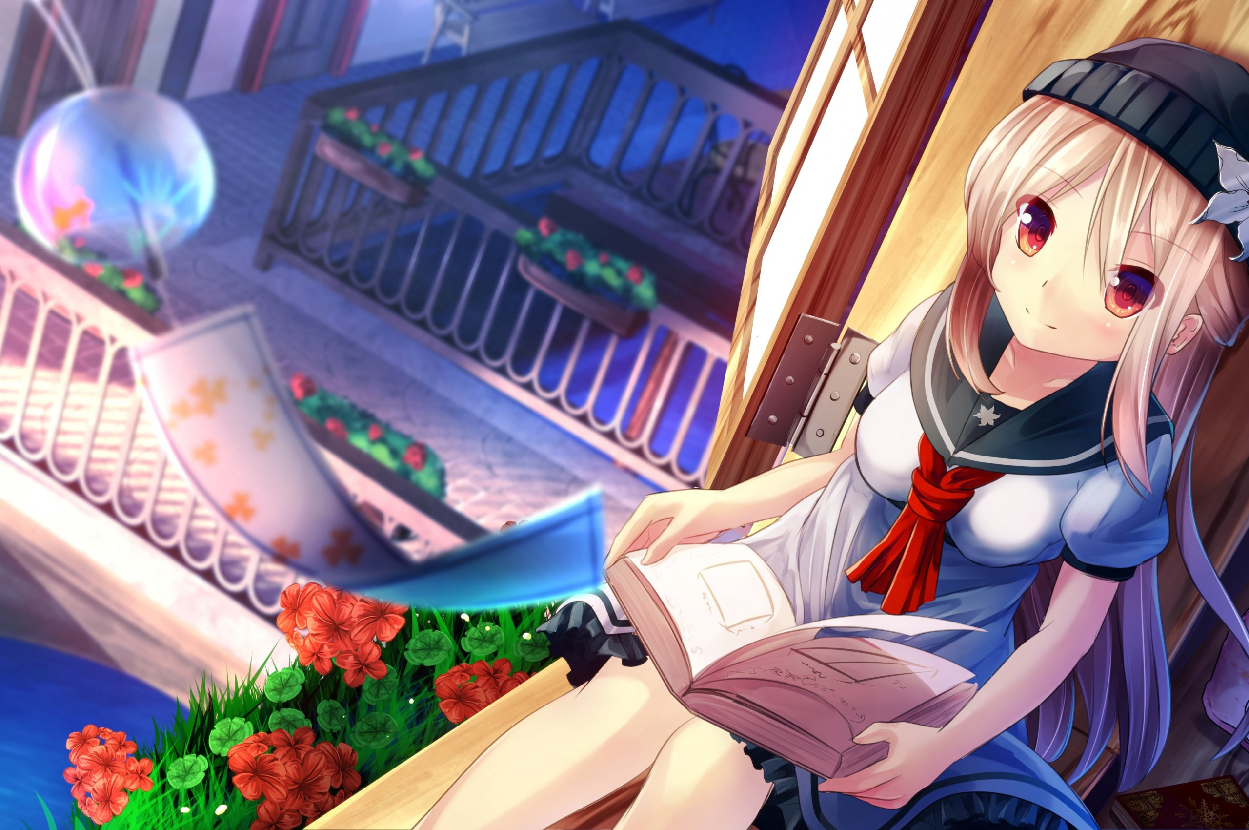 2560x1700 Download  Anime Girl, Sitting, Reading A Book, School Uniform, Wind Wallpaper for Chromebook Pixel, Desktop