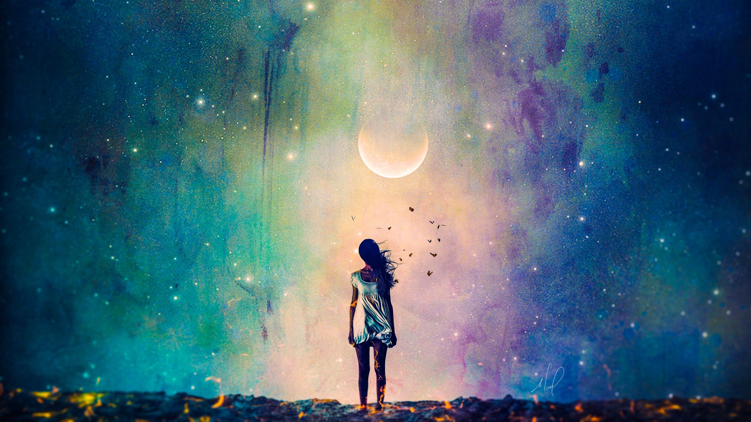 2560x1440 Alone, Full Moon, Girl, Sad, Sky Wallpaper, Desktop