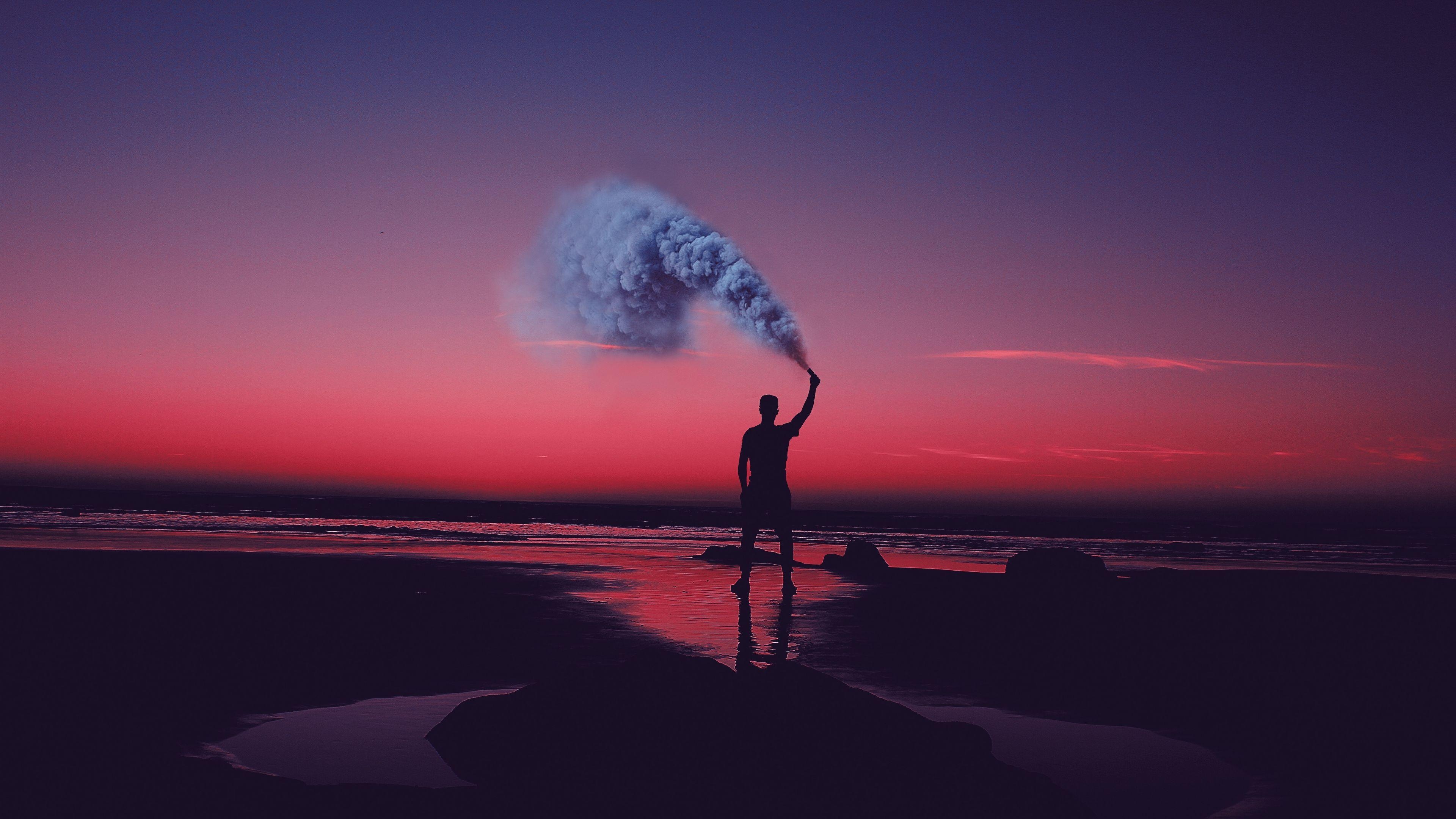 3840x2160 Download wallpaper  smoke bombs, smoke flare, shore, sunset, Desktop