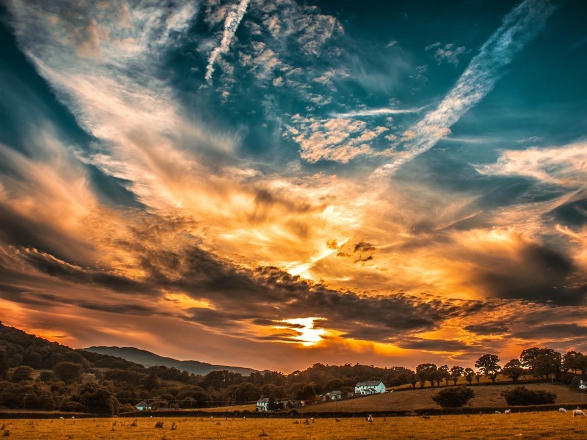 1160x870 Download wallpaper  sunset, sky, clouds, field, trees, Desktop