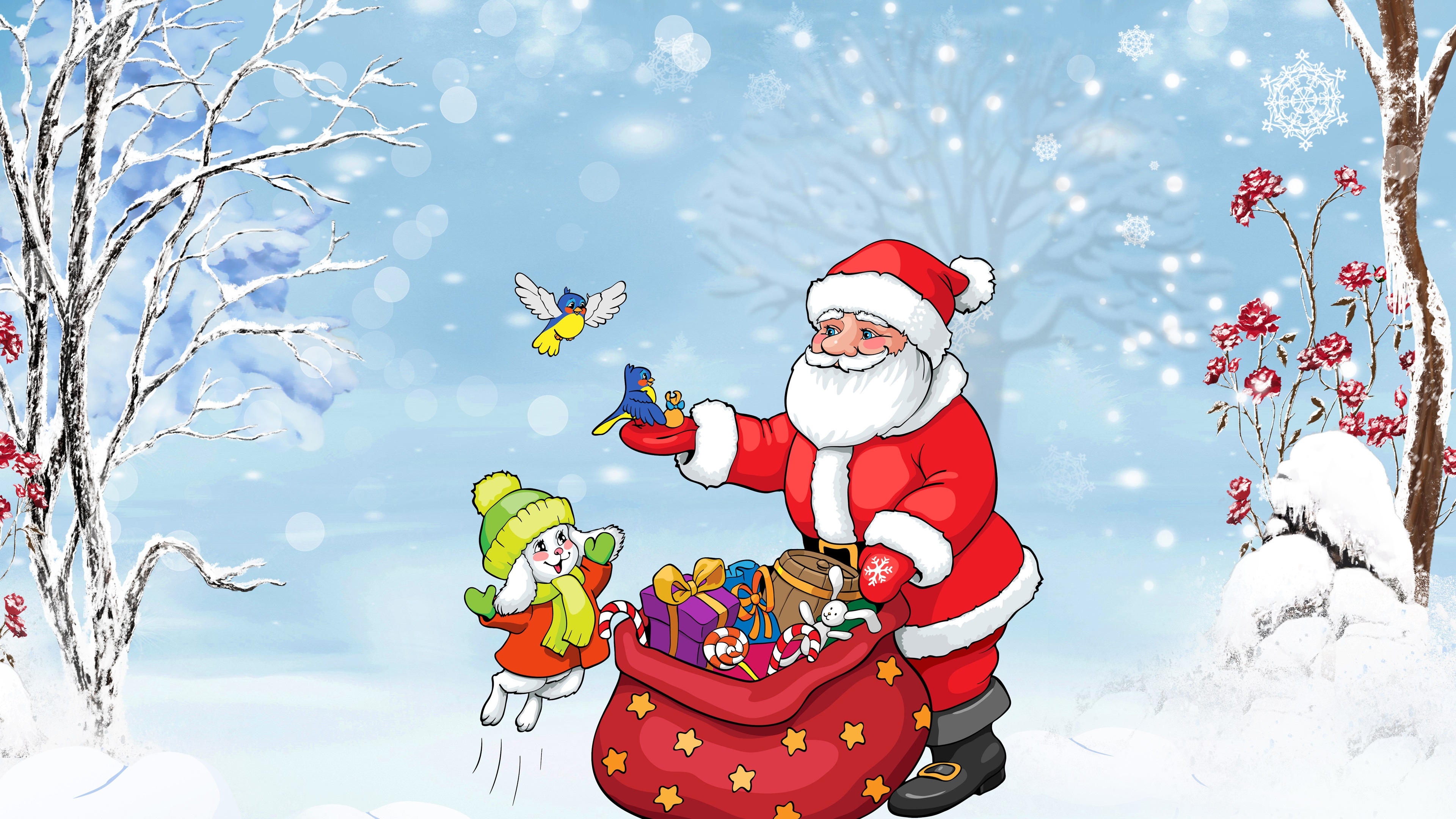 3840x2160 Wallpaper Santa Claus, bunny, birds, bag, gifts, trees, snow, Desktop