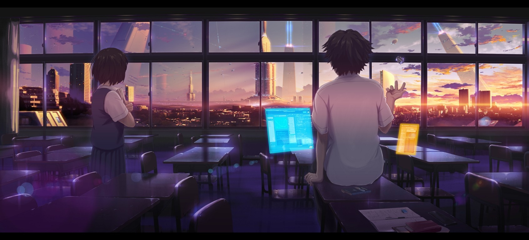 1700x770 #science fiction, #cityscape, #computer, #anime girls, #classroom, #anime boys, wallpaper. Mocah HD Wallpaper, Dual Screen