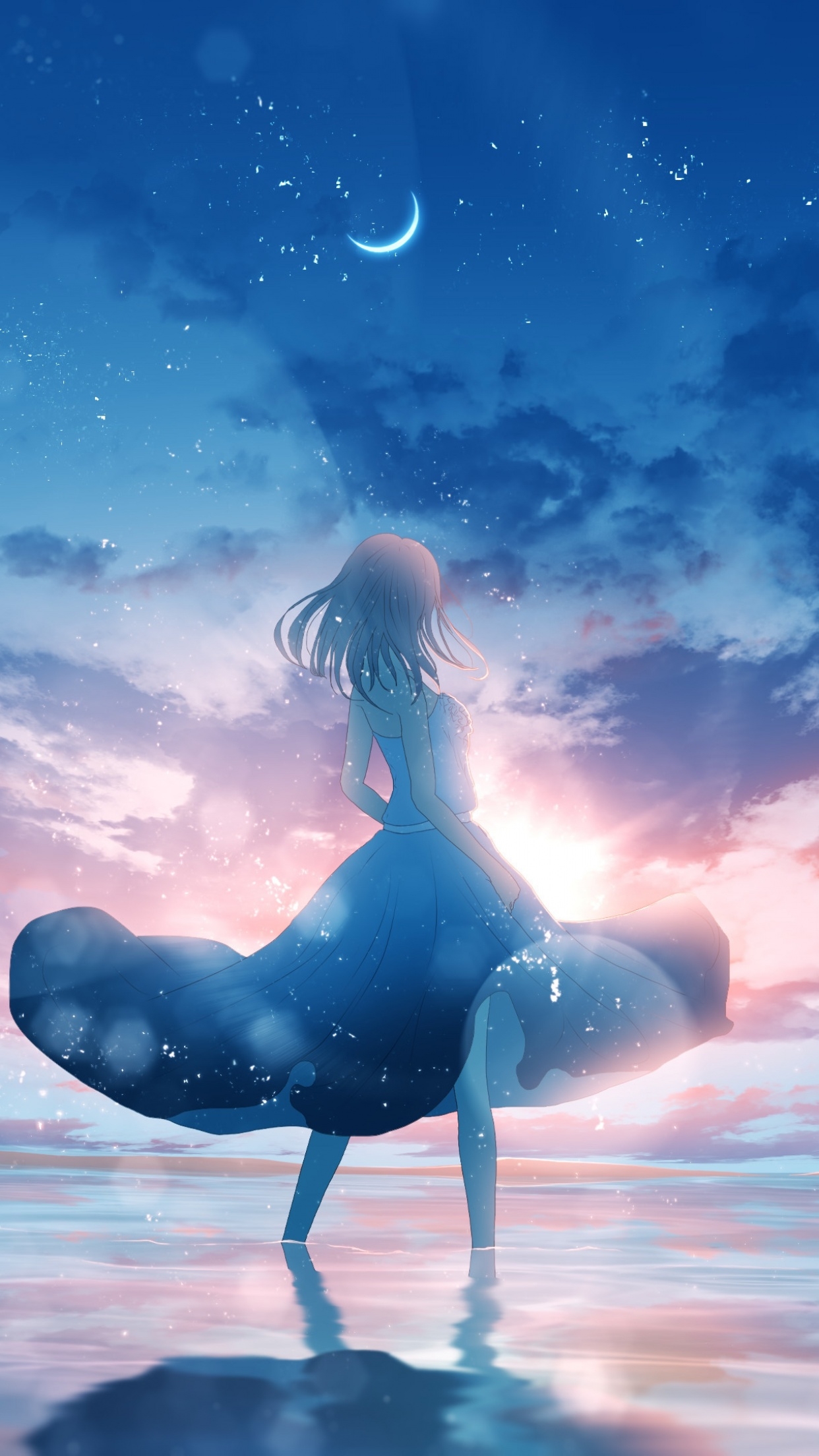 1250x2210 Anime girl Wallpaper 4K, Dream, Happy girl, Moon, Crescent Moon, Fantasy, Phone