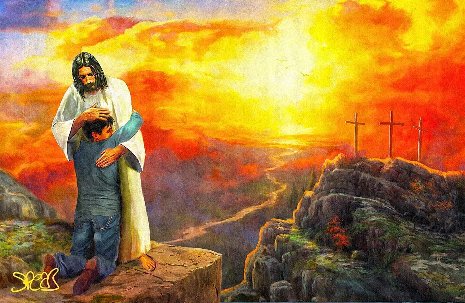 1500x980 Artist Signed Jesus Christ Painting 'Man Hugging Jesus' 11x17 Fine Art Print Poster Religious Art Christian Religion Artwork by Mark Spears, Handmade Products, Desktop