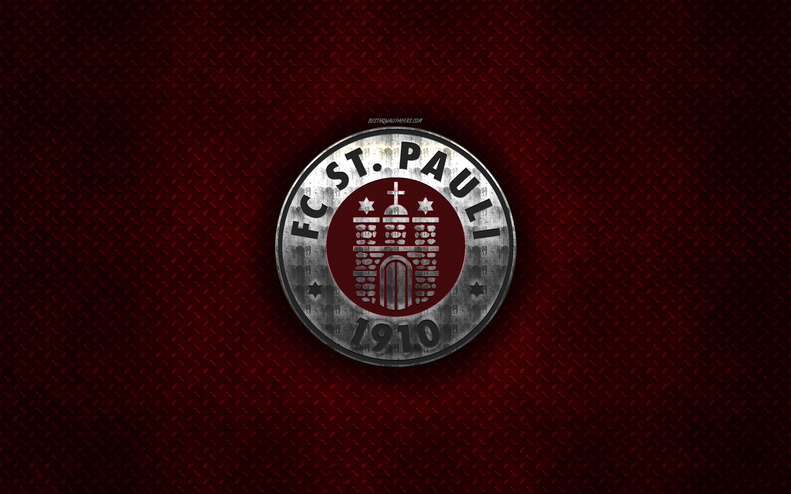 2560x1600 Download wallpaper St Pauli FC, red metal background, Bundesliga german football club, metal logo, football, soccer, Germany, St Pauli logo for desktop with resolution. High Quality HD picture wallpaper, Desktop