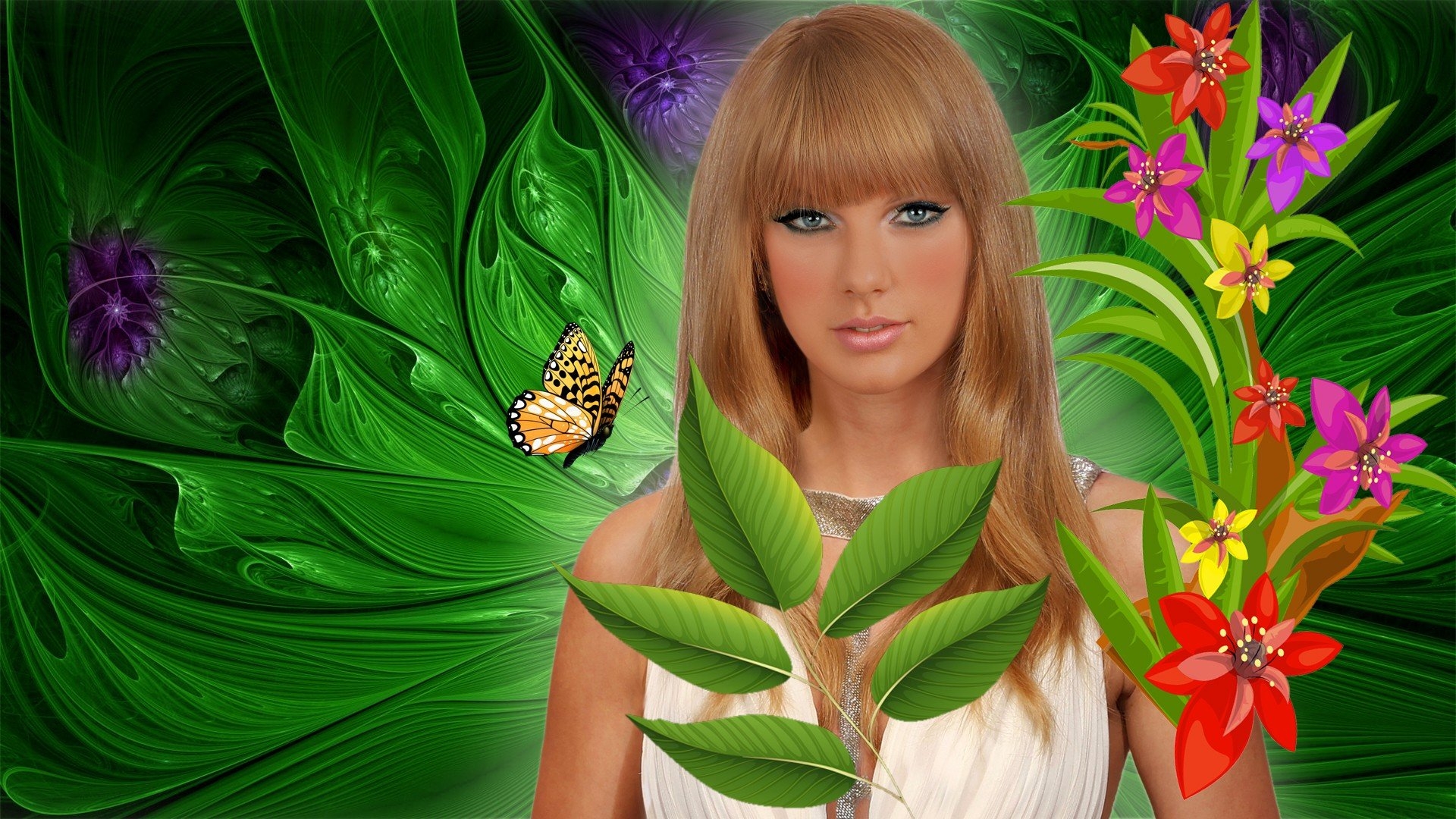 1920x1080 Wallpaper, leaves, flowers, long hair, grass, green, black hair, Taylor Swift, spring, Iris, leaf, flower, plant, girl, beauty, flora, computer wallpaper, brown hair, photomontage, pollinator, cg artwork, Desktop