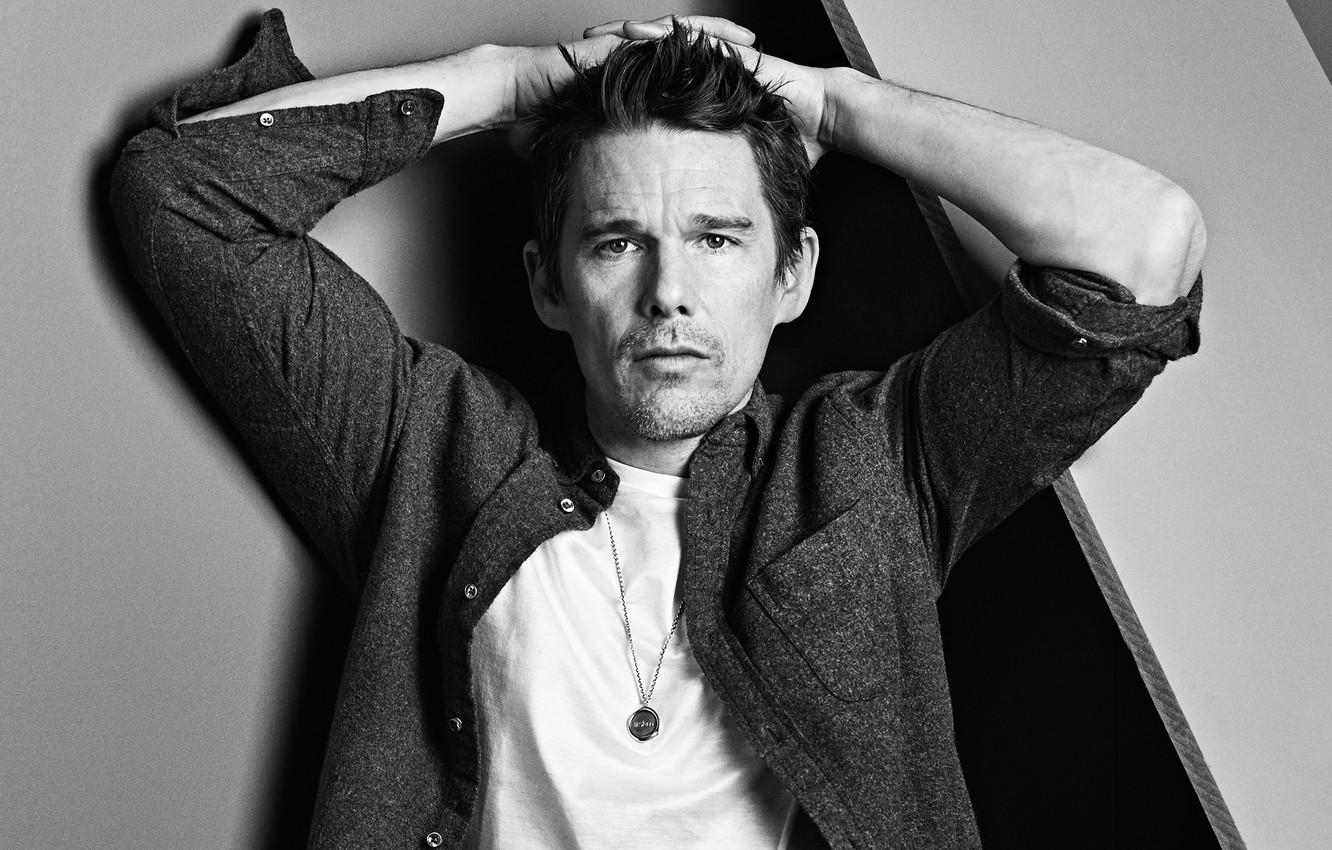 1340x850 Wallpaper pose, photo, portrait, actor, black and white, shirt, Desktop